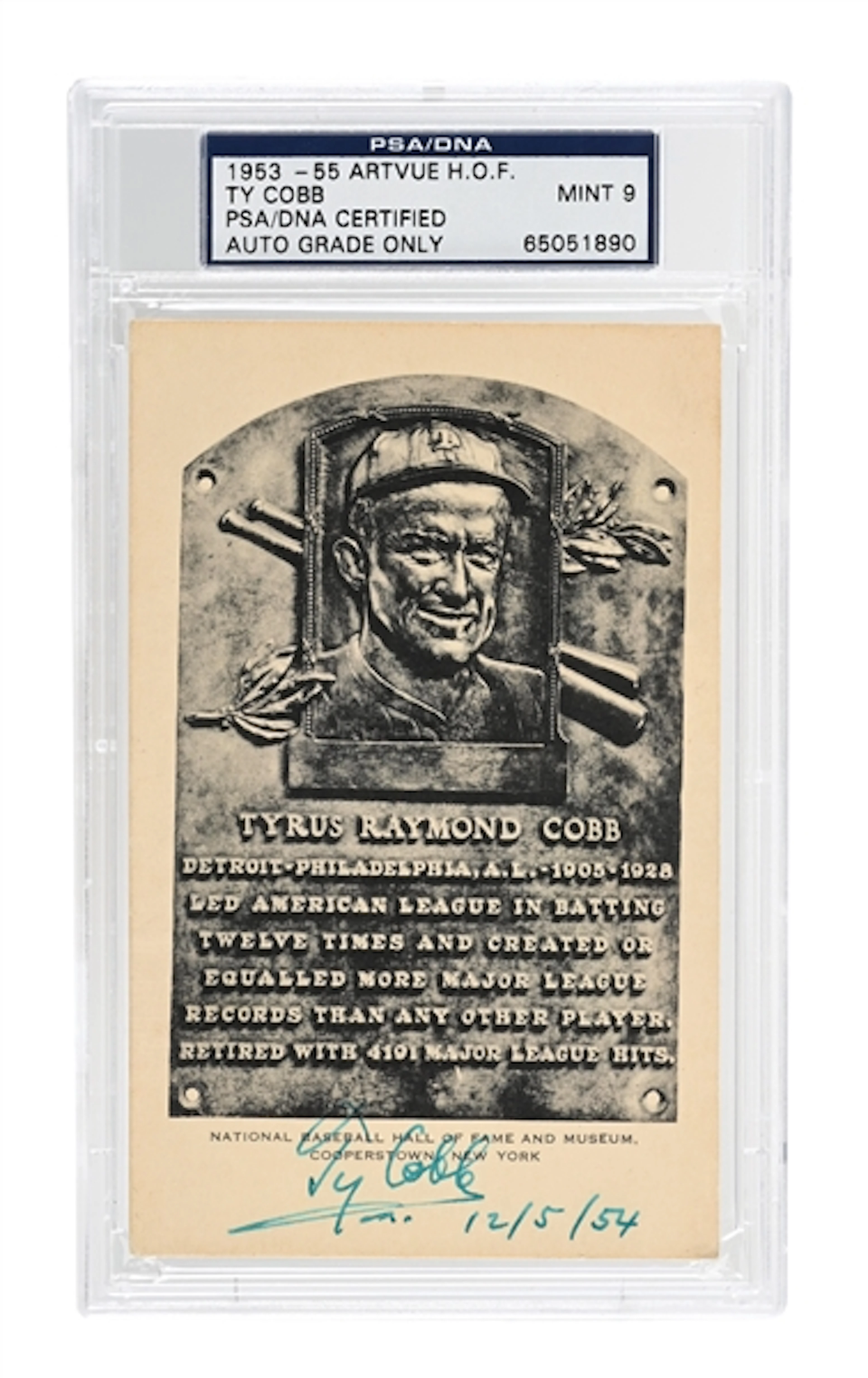 TY COBB SIGNED HOF ARTVUE PLAQUE PSA/DNA MT 9
