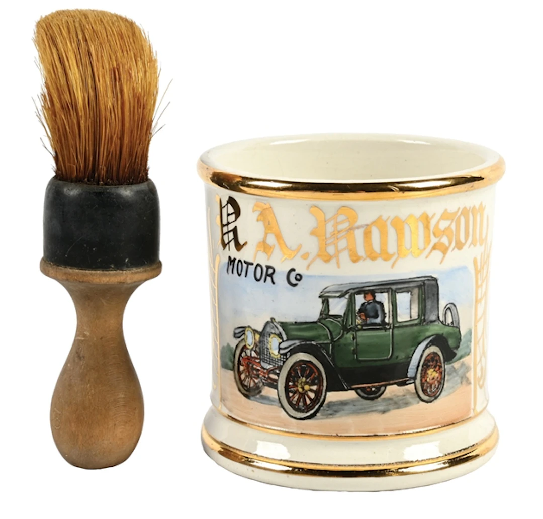 CAR SALESMAN'S SHAVING MUG AND BRUSH