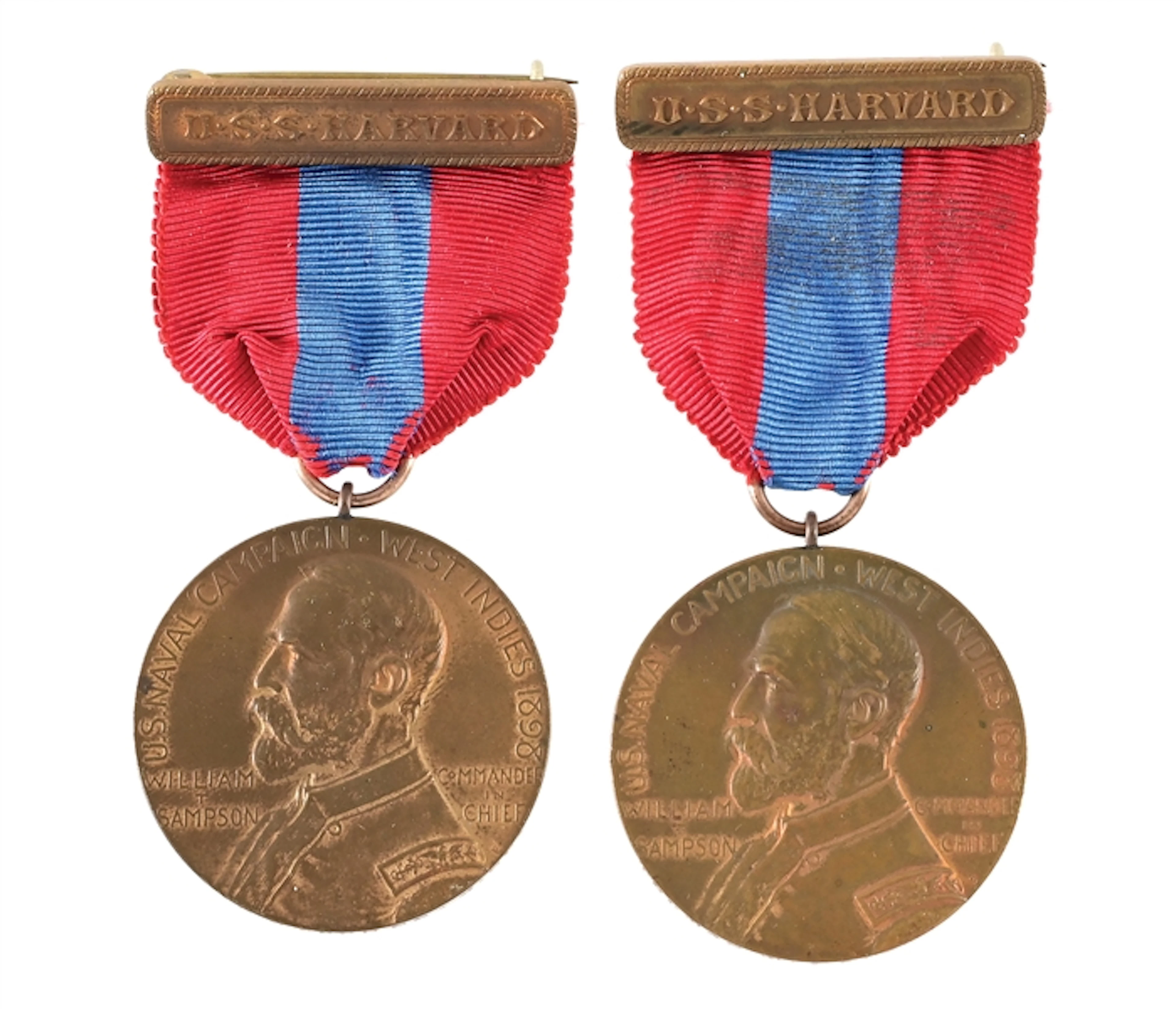 LOT OF 2: US SPANISH AMERICAN WAR USS HARVARD SAMPSON MEDALS.