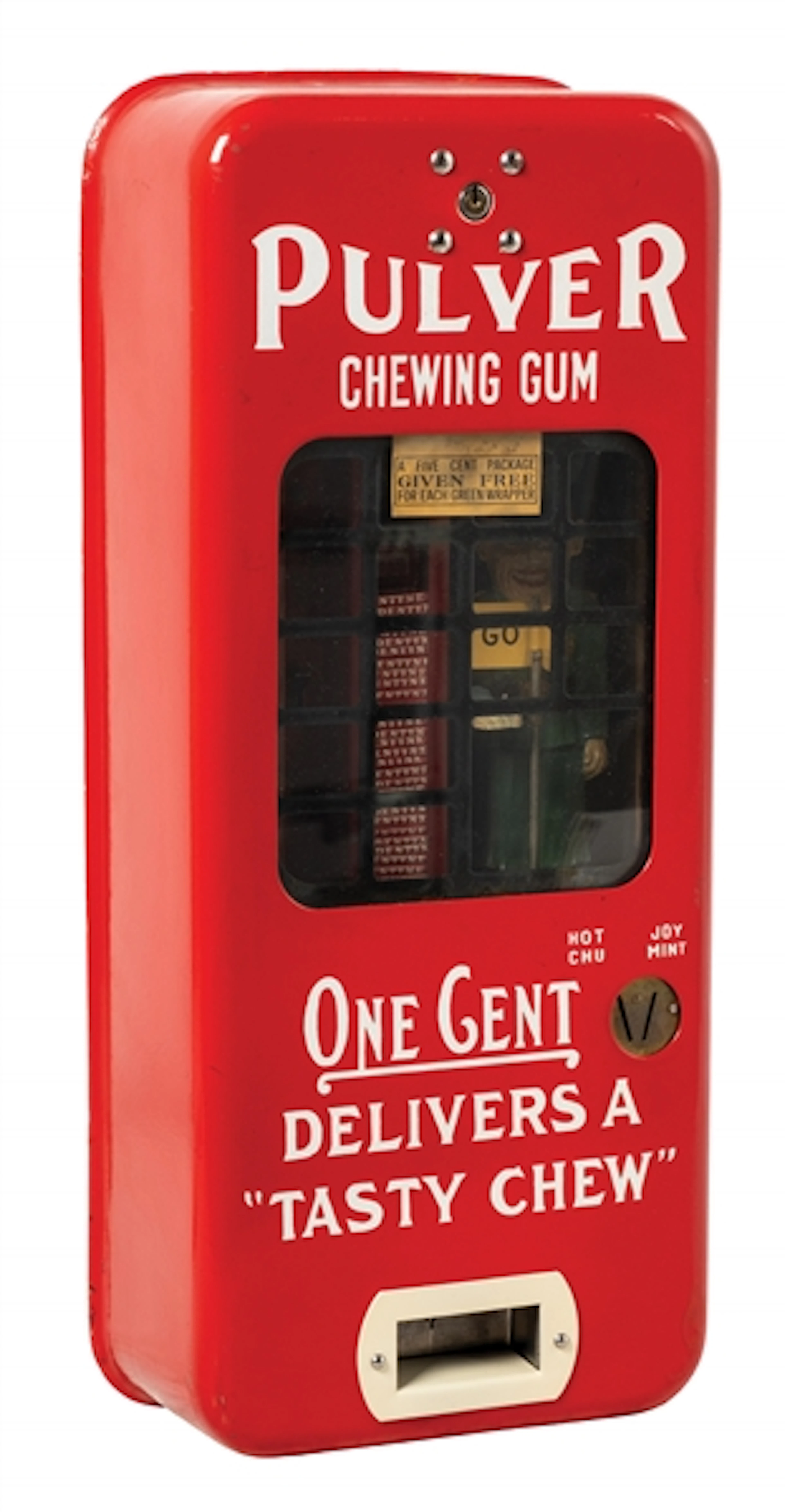 RED PORCELAIN PULVER TAB GUM VENDING MACHINE WITH STOP AND GO COP
