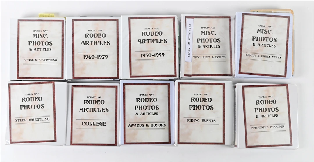 LOT OF 13: BINDERS WITH HARLEY MAY RODEO PHOTOS & ARTICLES