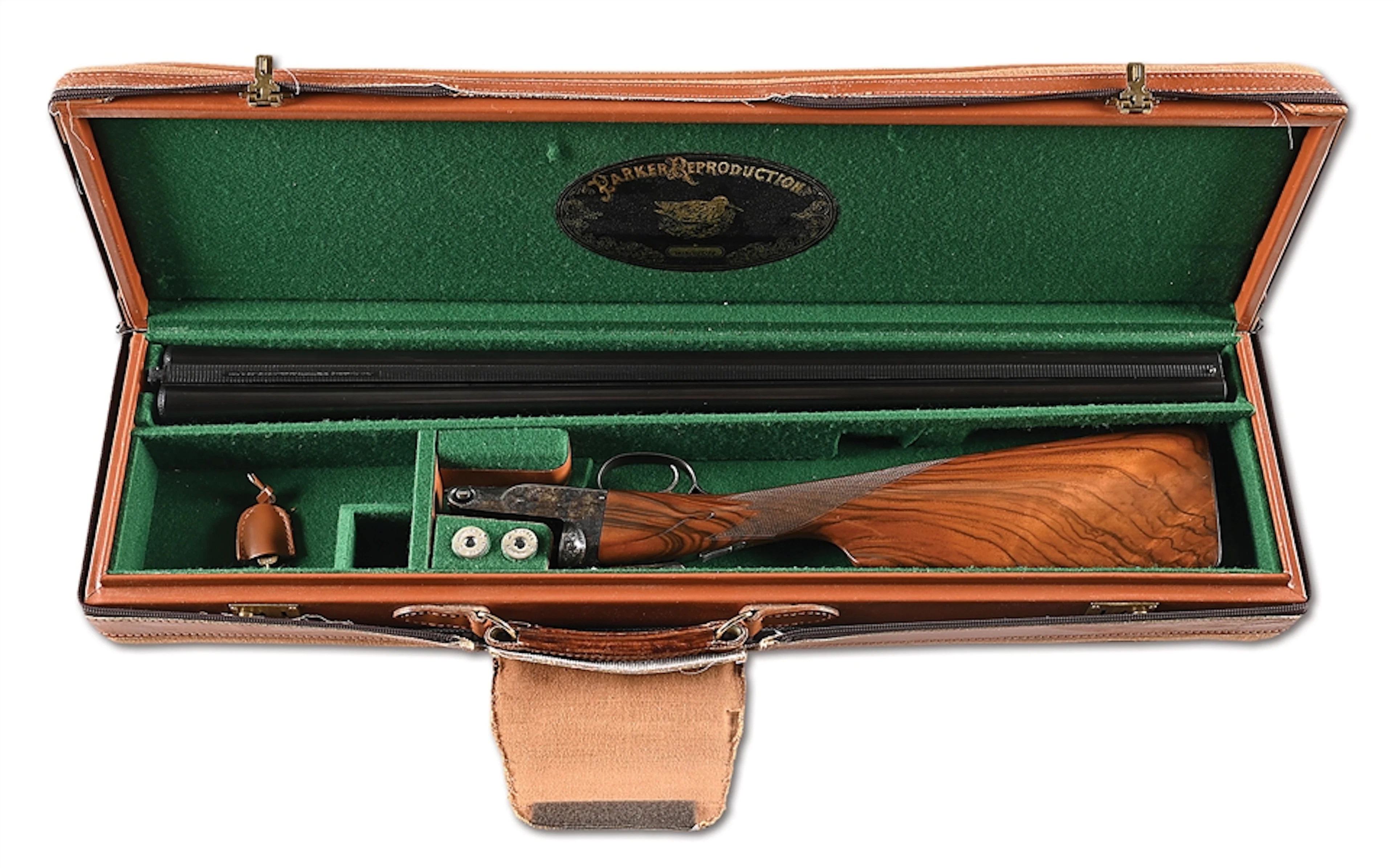 (M) PARKER REPRODUCTIONS DHE 12 BORE SIDE BY SIDE SHOTGUN WITH CASE.