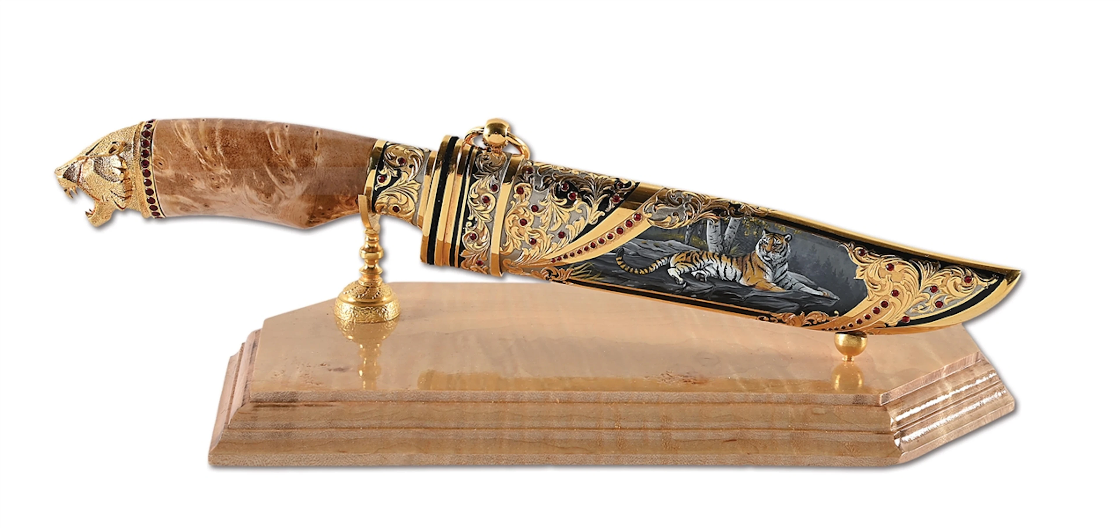 ZLATOUST ENAMEL TIGER KNIFE WITH CASE AND STAND.