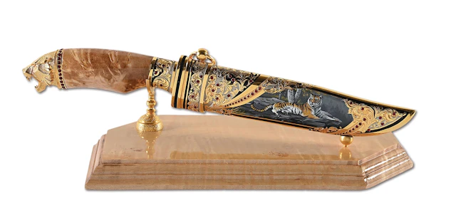 ZLATOUST ENAMEL TIGER KNIFE WITH CASE AND STAND.
