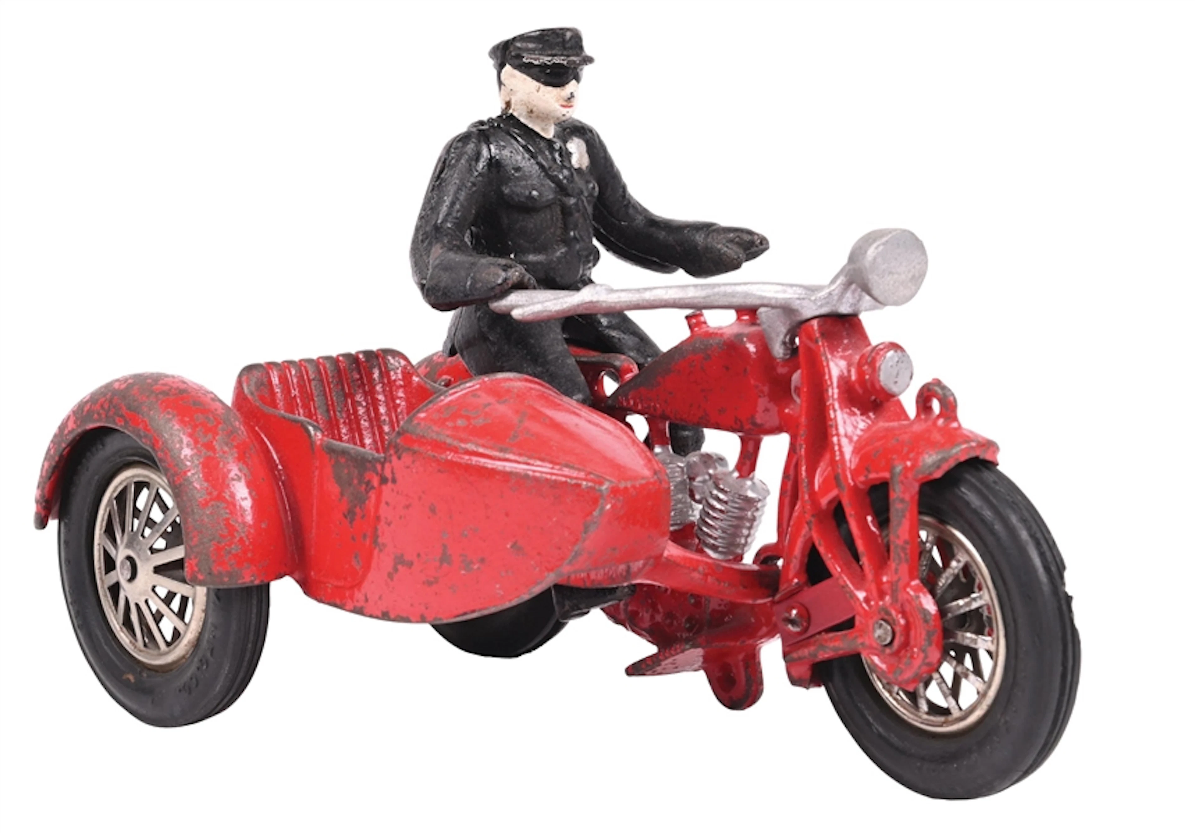 HUBLEY CO. CAST IRON TOY MOTORCYCLE WITH SIDECAR AND POLICE OFFICER FIGURE