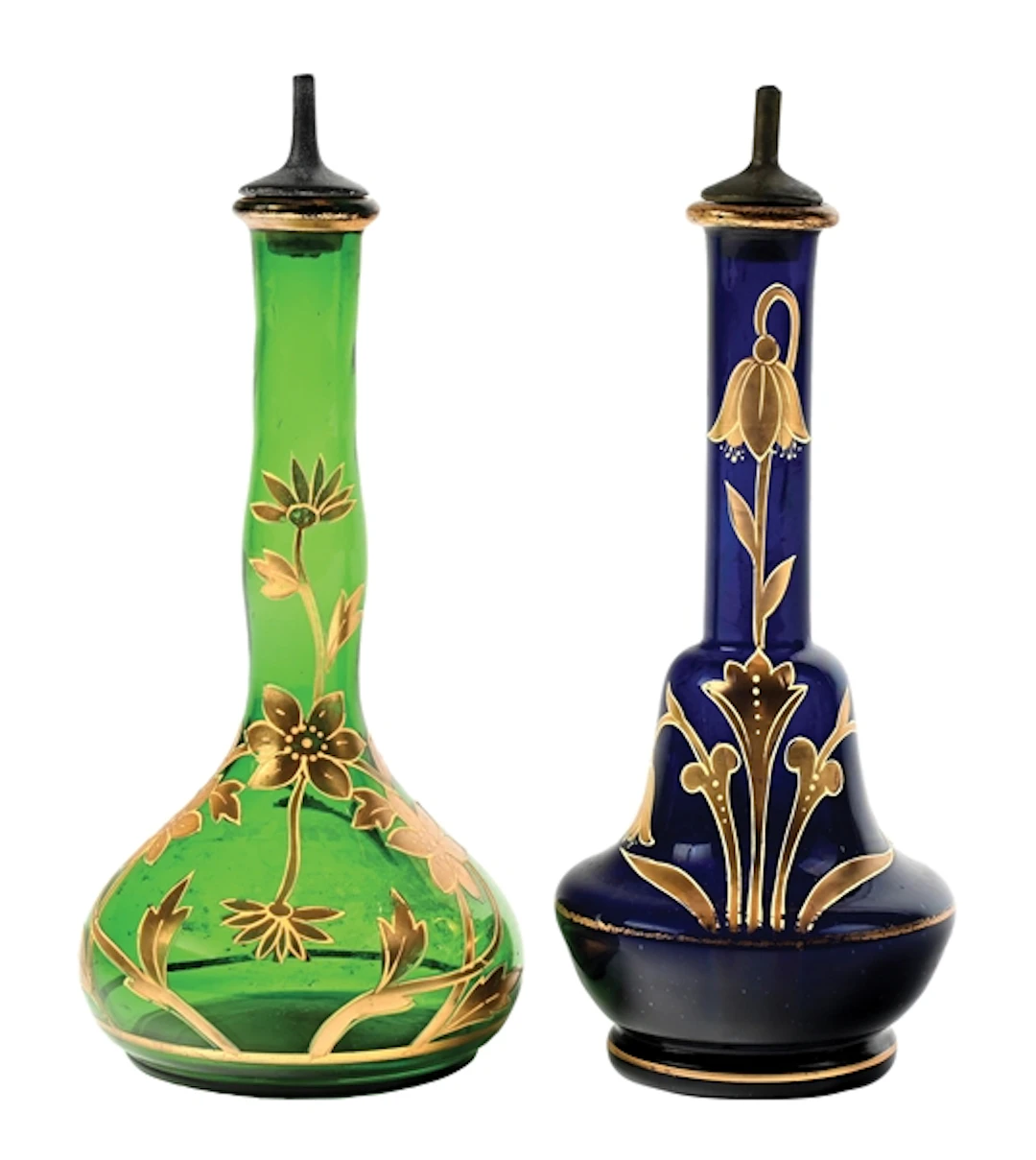 LOT OF 2: BOHEMIAN-STYLE GILT ART GLASS BOTTLES