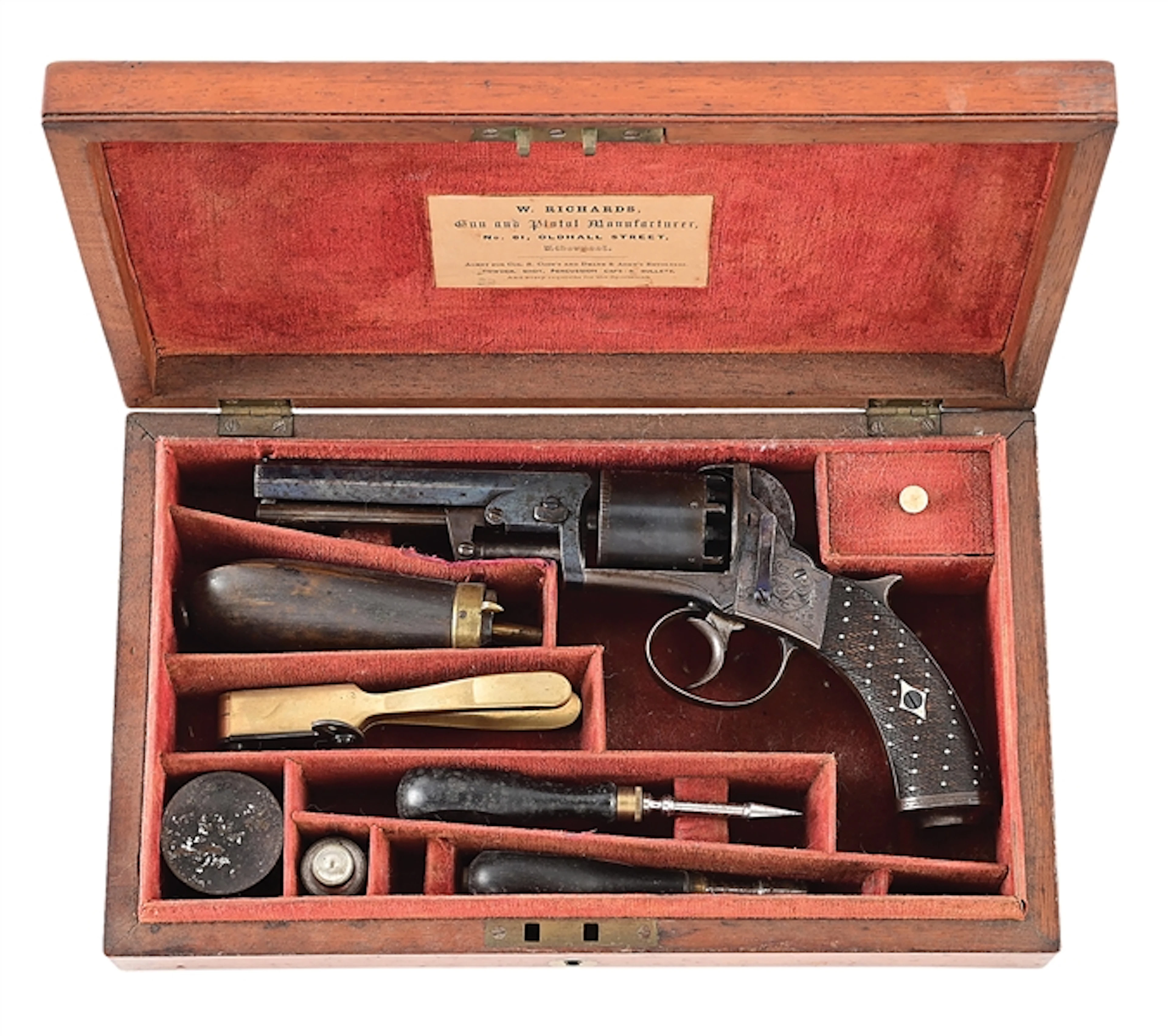 (A) CASED WILLIAM RICHARDS DOUBLE ACTION PERCUSSION REVOLVER.