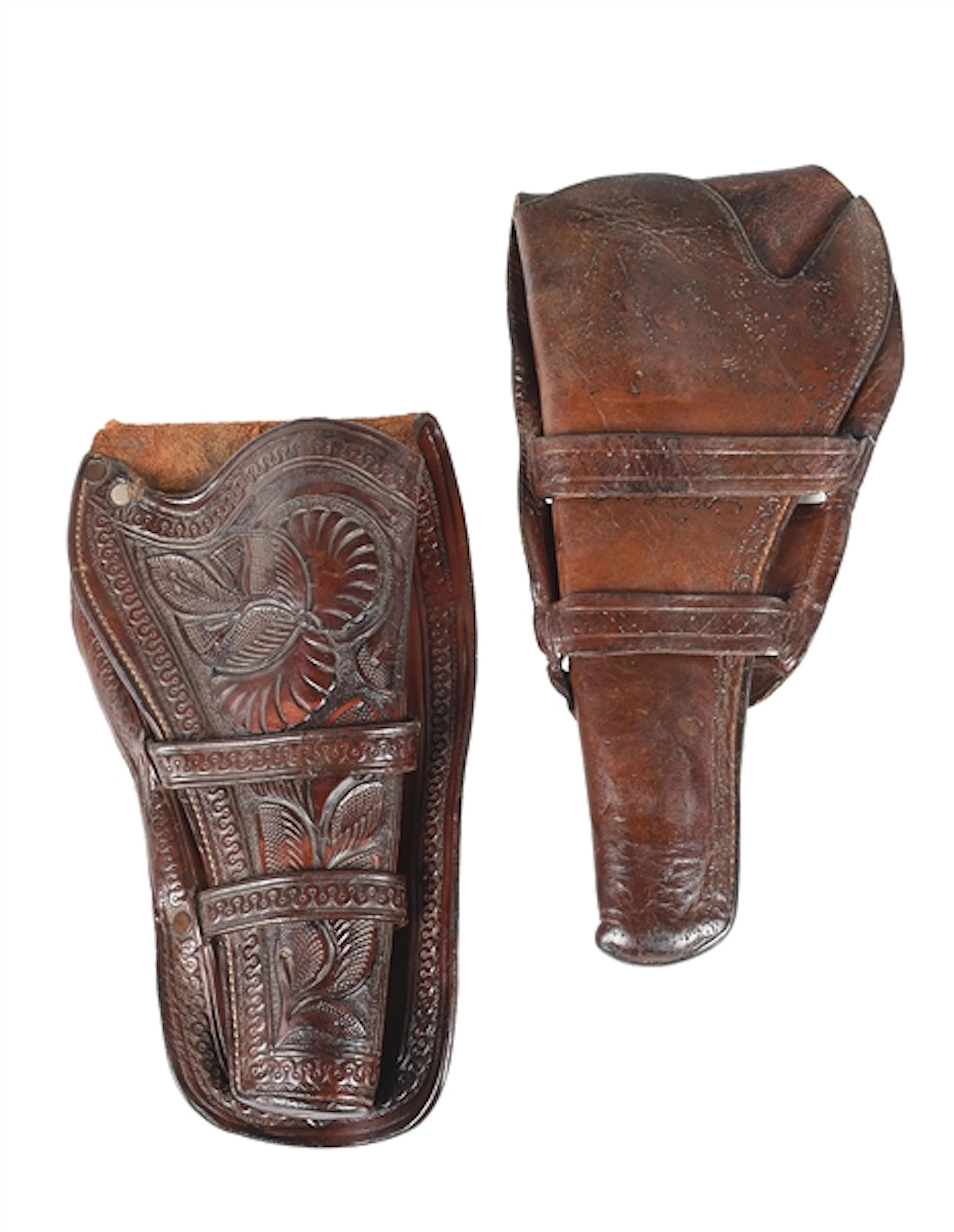 LOT OF 2 19TH CENTURY COLT HOLSTERS. TRADITIONAL DOUBLE LOOP HAND-TOOLED
