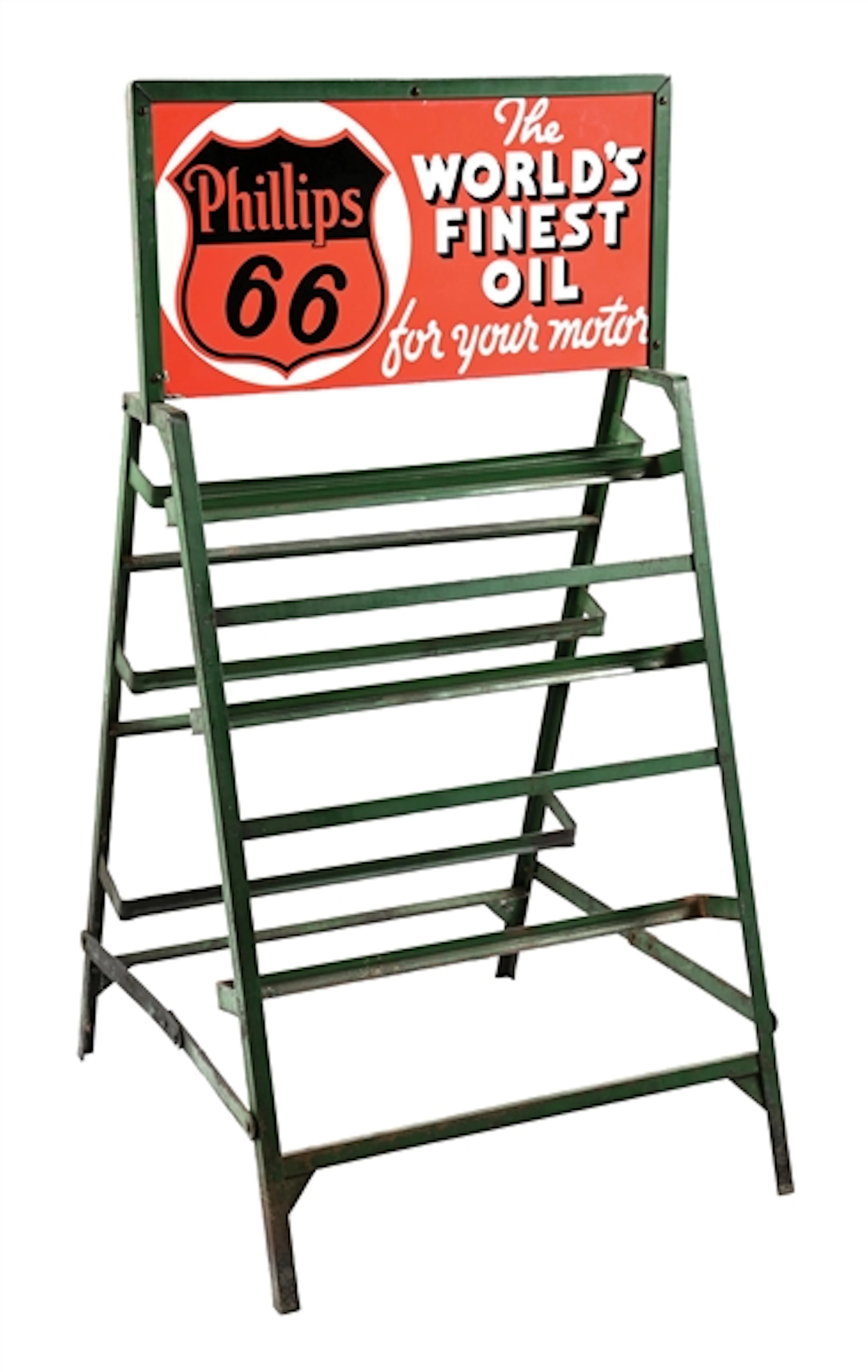PHILLIPS 66 THE WORLD'S FINEST OIL PORCELAIN SIGN W/ ORIGINAL DISPLAY RACK