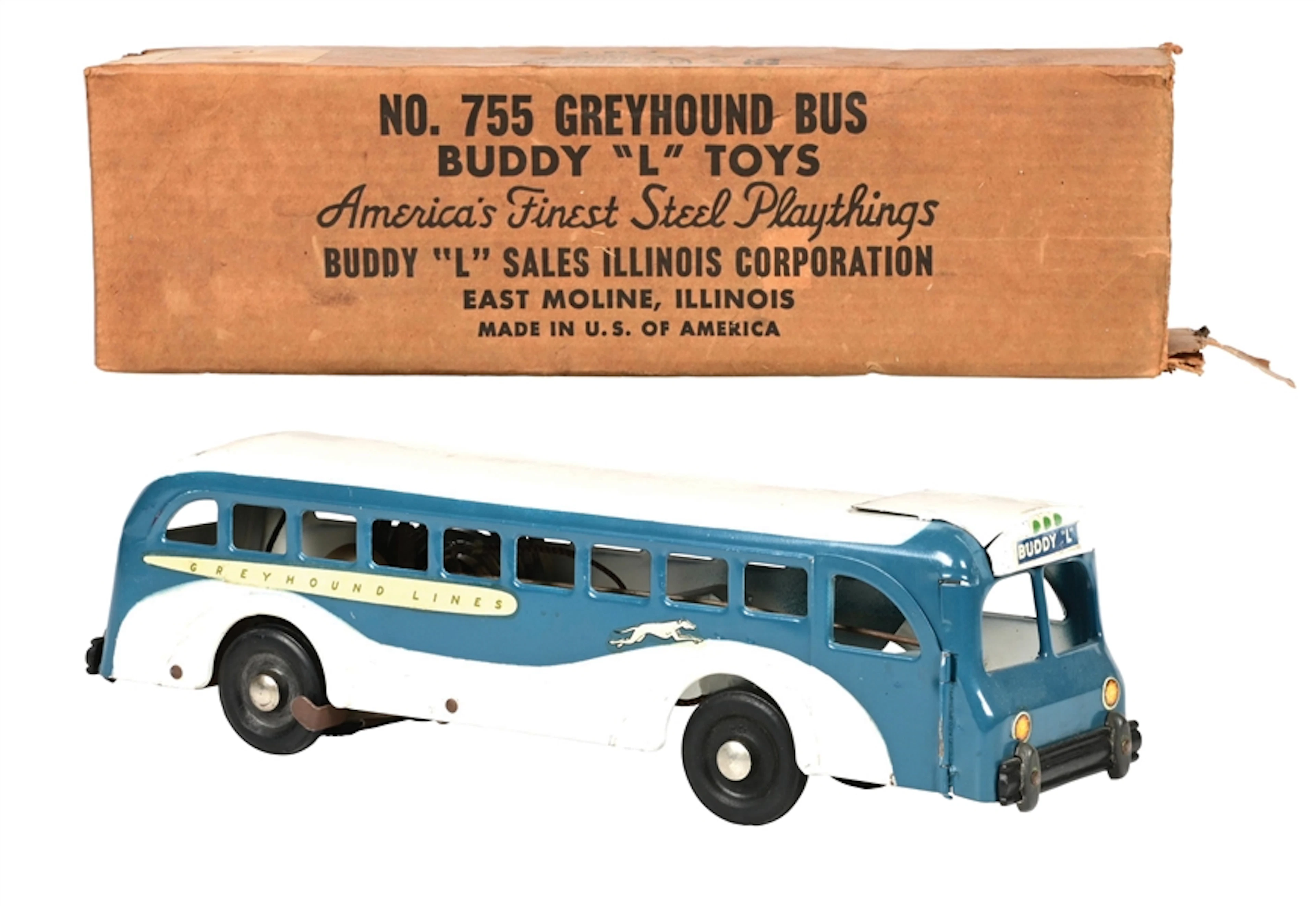 BUDDY "L" 755 GREYHOUND LINES WIND-UP TOY BUS W/ ORIGINAL BOX