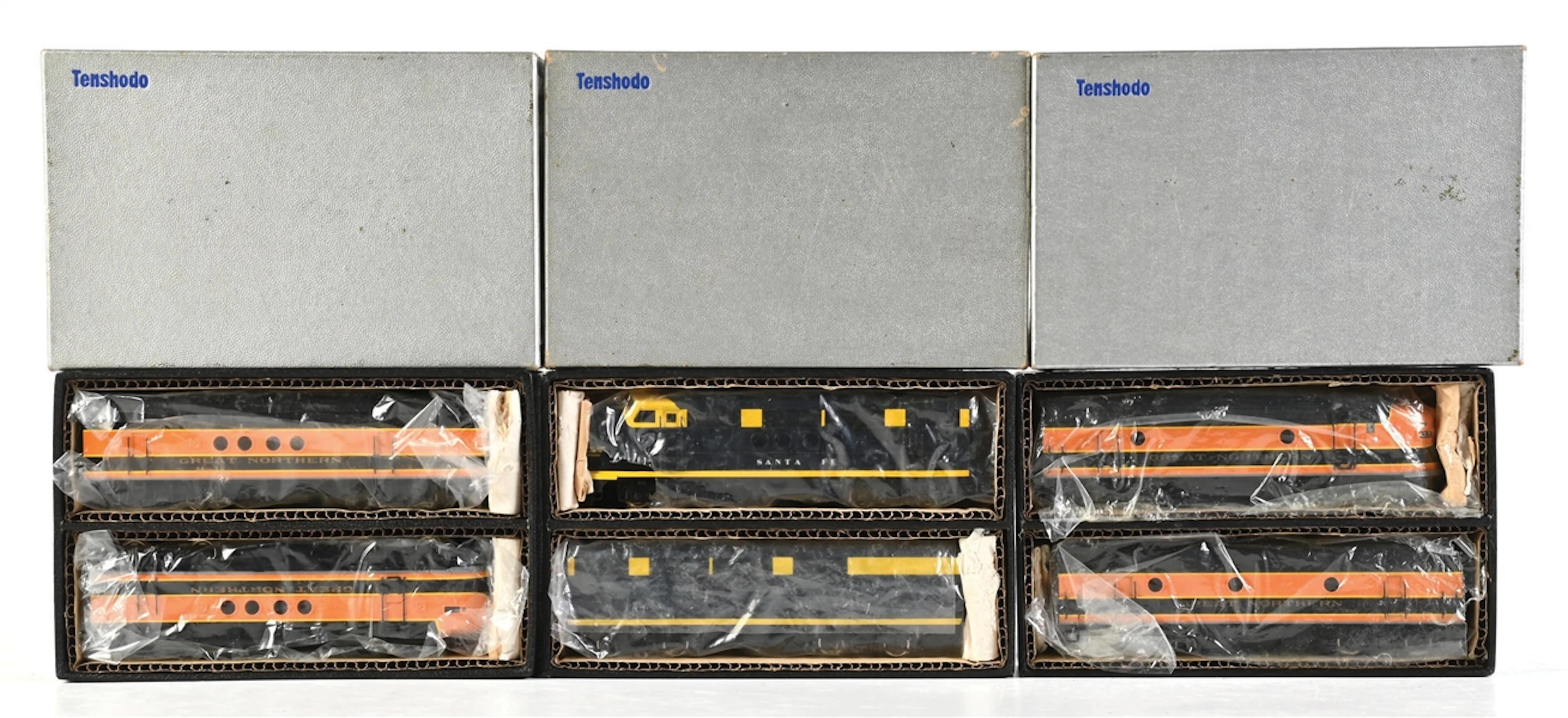 LOT OF 3: TENSHODO BRASS HO-GA. EMD F-9 AND EMD FT DIESEL LOCOS W/ BOXES