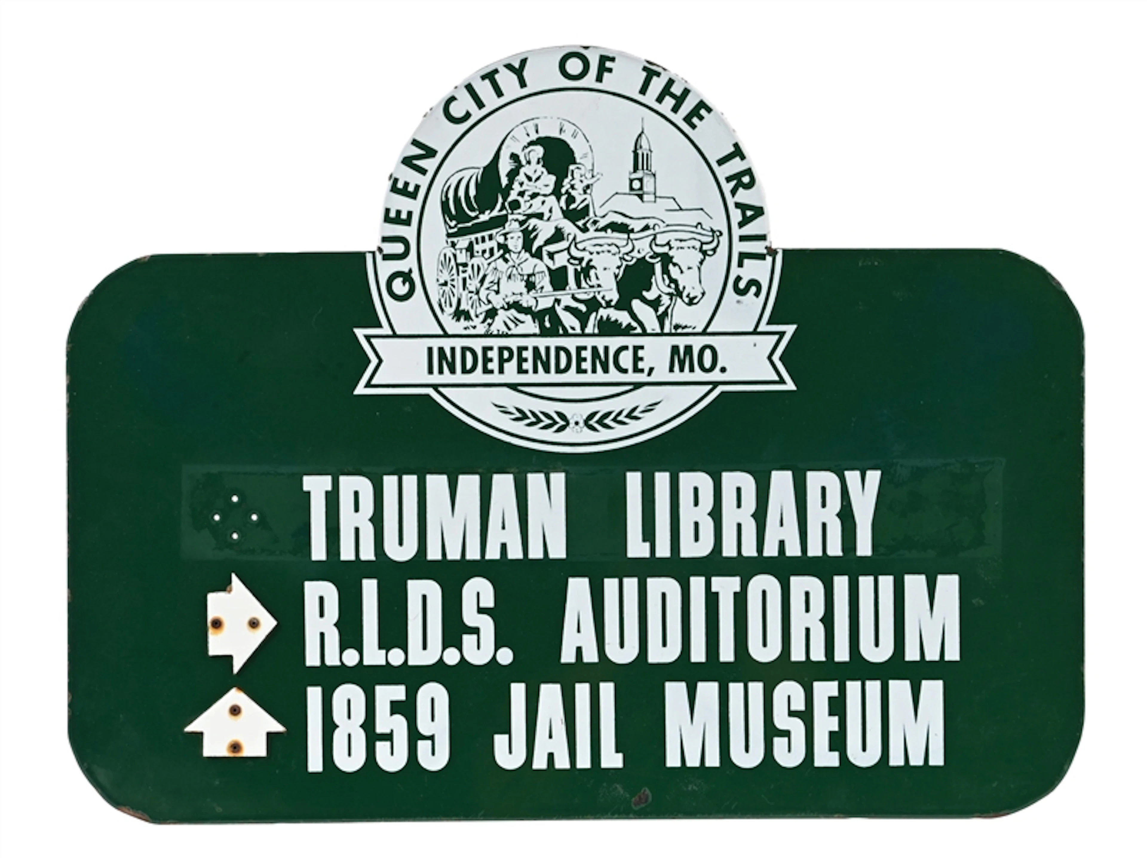 QUEEN CITY OF THE TRAILS INDEPENDENCE, MISSOURI PORCELAIN DIRECTIONAL SIGN.