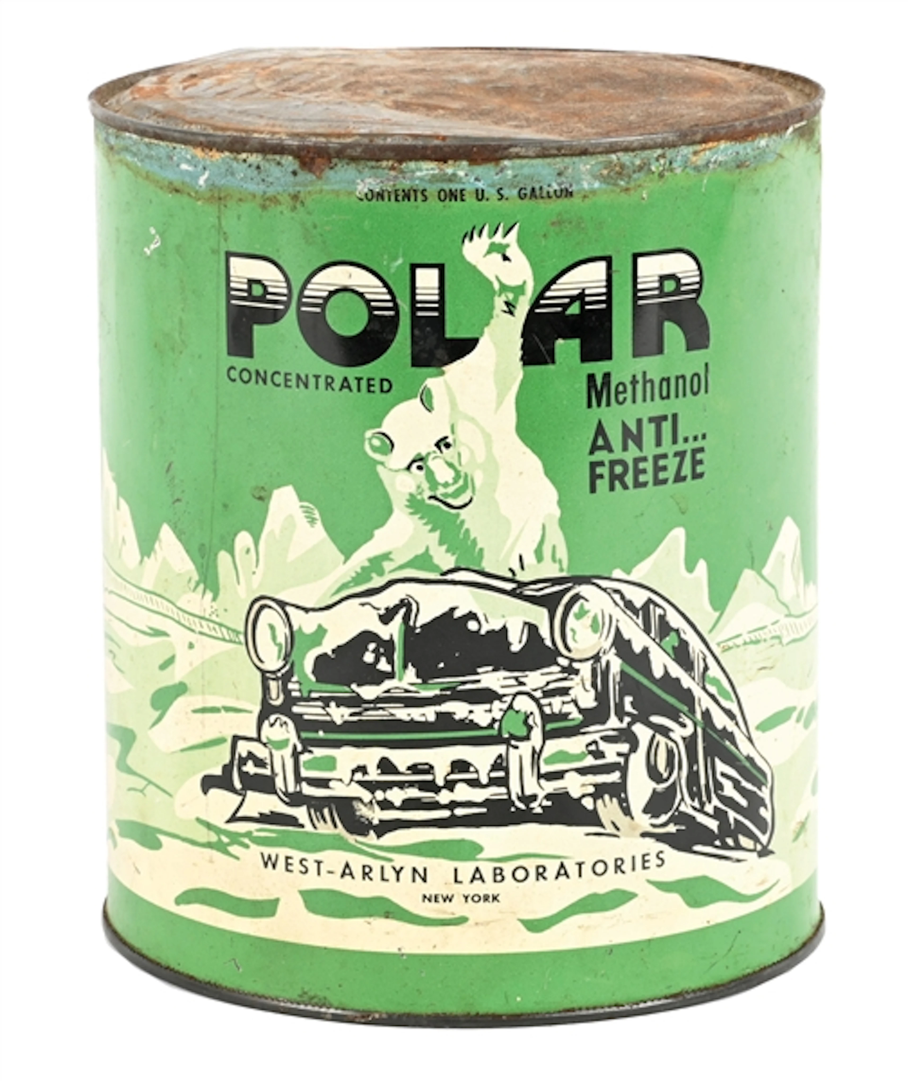 POLAR ANTIFREEZE ONE GALLON CAN W/ CAR & POLAR BEAR GRAPHIC.
