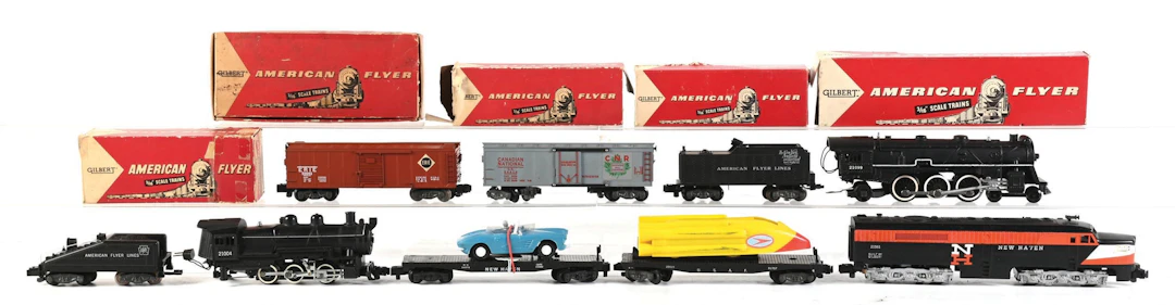 LOT OF 9: GROUPING OF GILBERT AMERICAN FLYER S-GA. LOCOMOTIVES AND FREIGHT CARS
