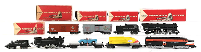LOT OF 9: GROUPING OF GILBERT AMERICAN FLYER S-GA. LOCOMOTIVES AND FREIGHT CARS