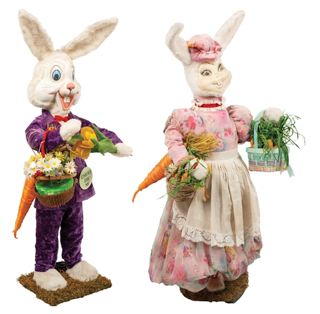 LOT OF 2 ANIMATRONIC BOY AND GIRL BUNNIES WITH THREE BASKETS