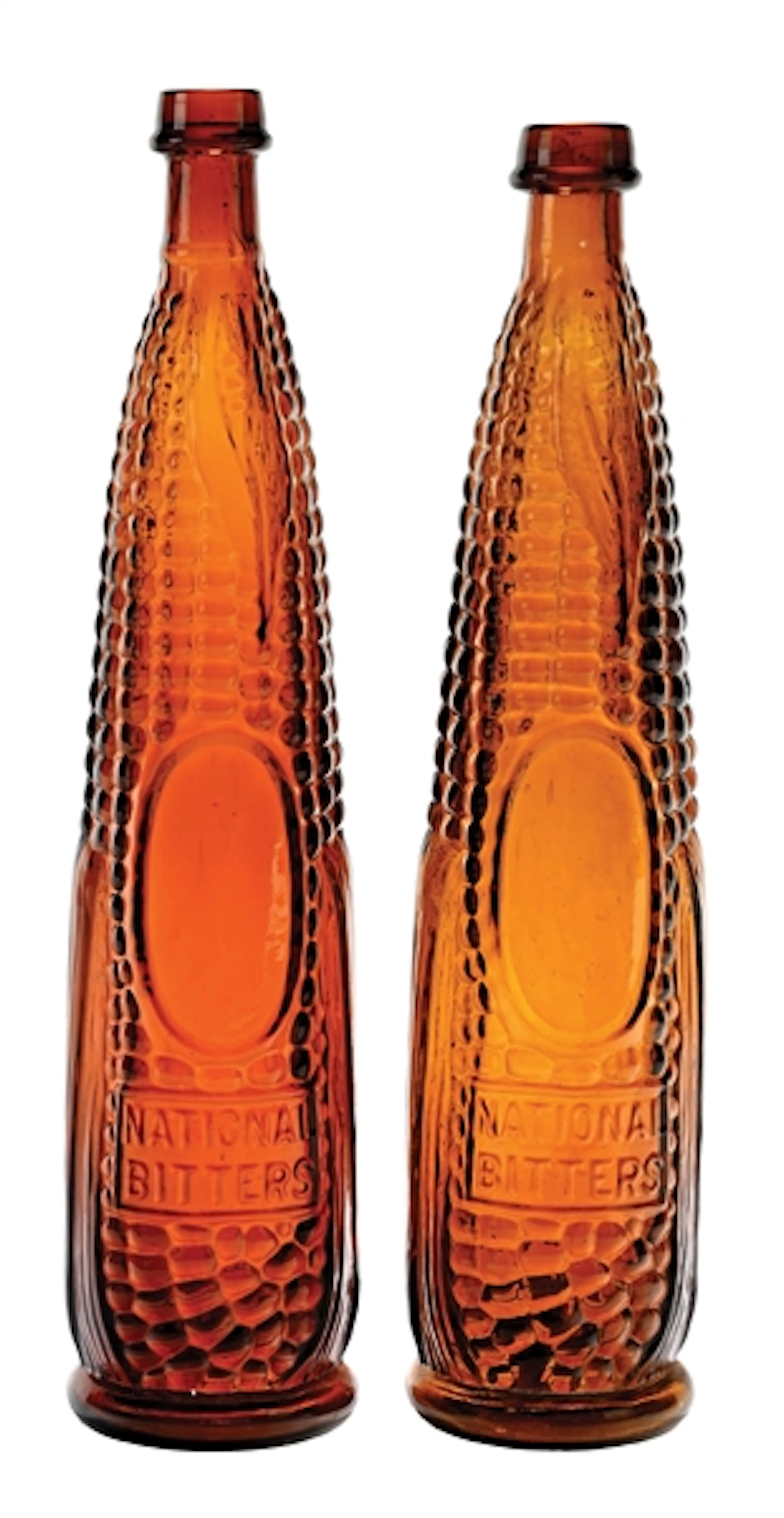PAIR OF NATIONAL BITTERS FIGURAL EAR OF CORN BOTTLES