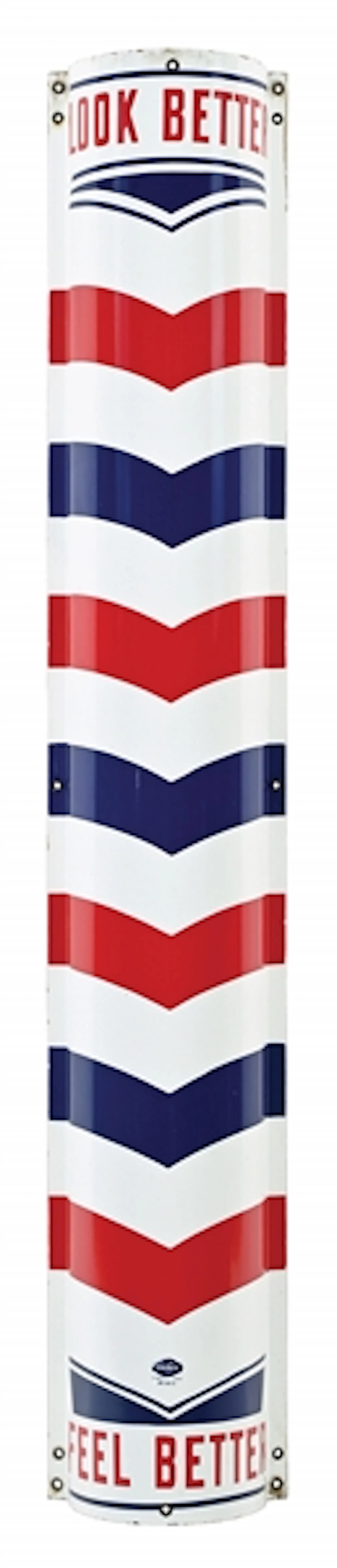 WILLIAM MARVY CO. LOOK BETTER FEEL BETTER CURVED PORCELAIN BARBER POLE SIGN
