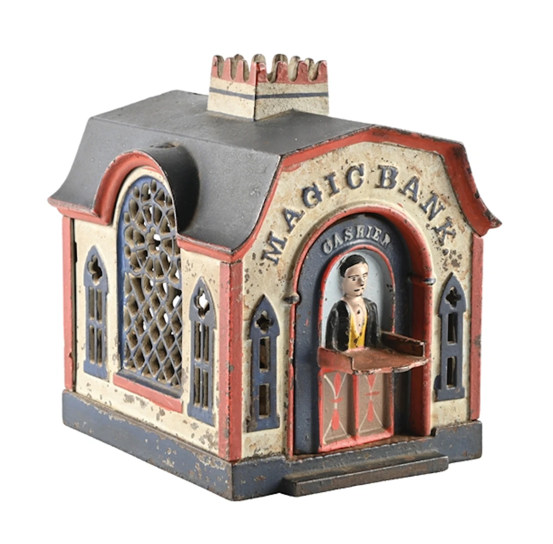 J. & E. STEVENS CO. CAST IRON MECHANICAL MAGIC BANK