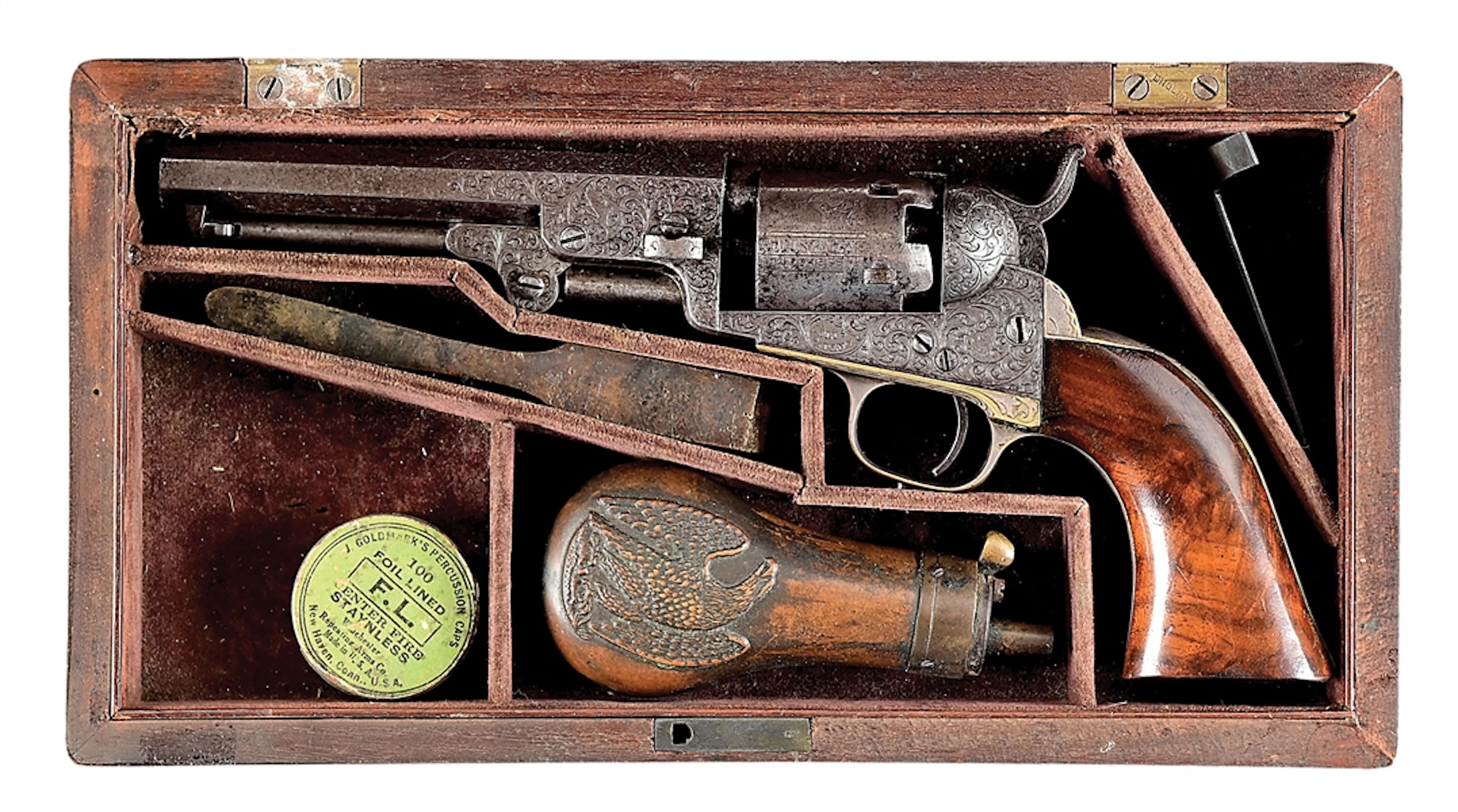 (A) FACTORY ENGRAVED AND CASED COLT MODEL 1849 POCKET PERCUSSION REVOLVER.