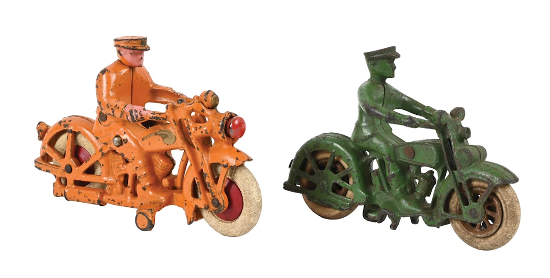 LOT OF 2: CAST IRON MOTORCYCLE TOYS WITH RIDERS