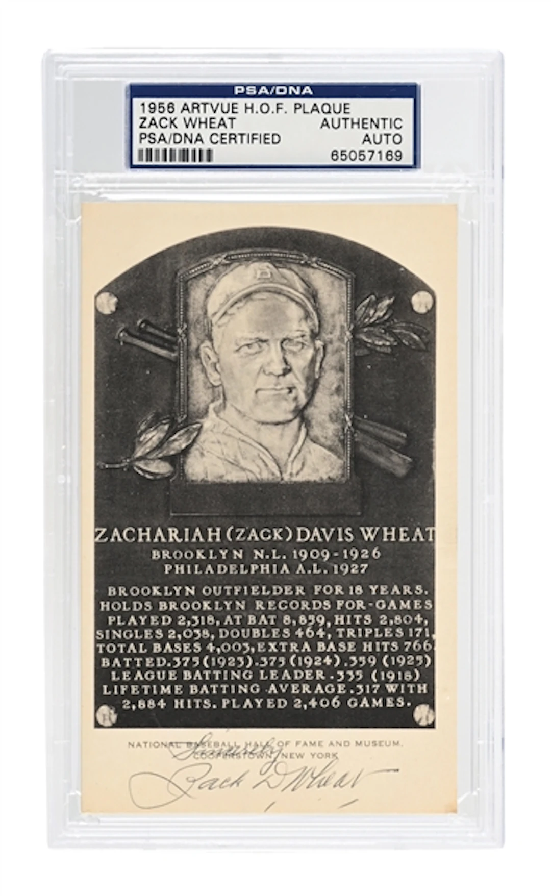ZACH WHEAT SIGNED HOF PLAQUE PSA/DNA