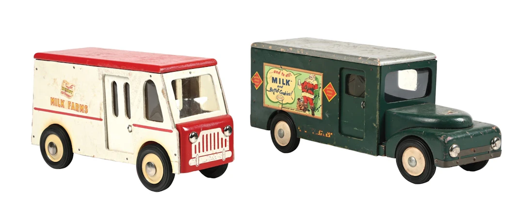 BUDDY L WOODEN MILK TRUCK AND RAILWAY EXPRESS TRUCK