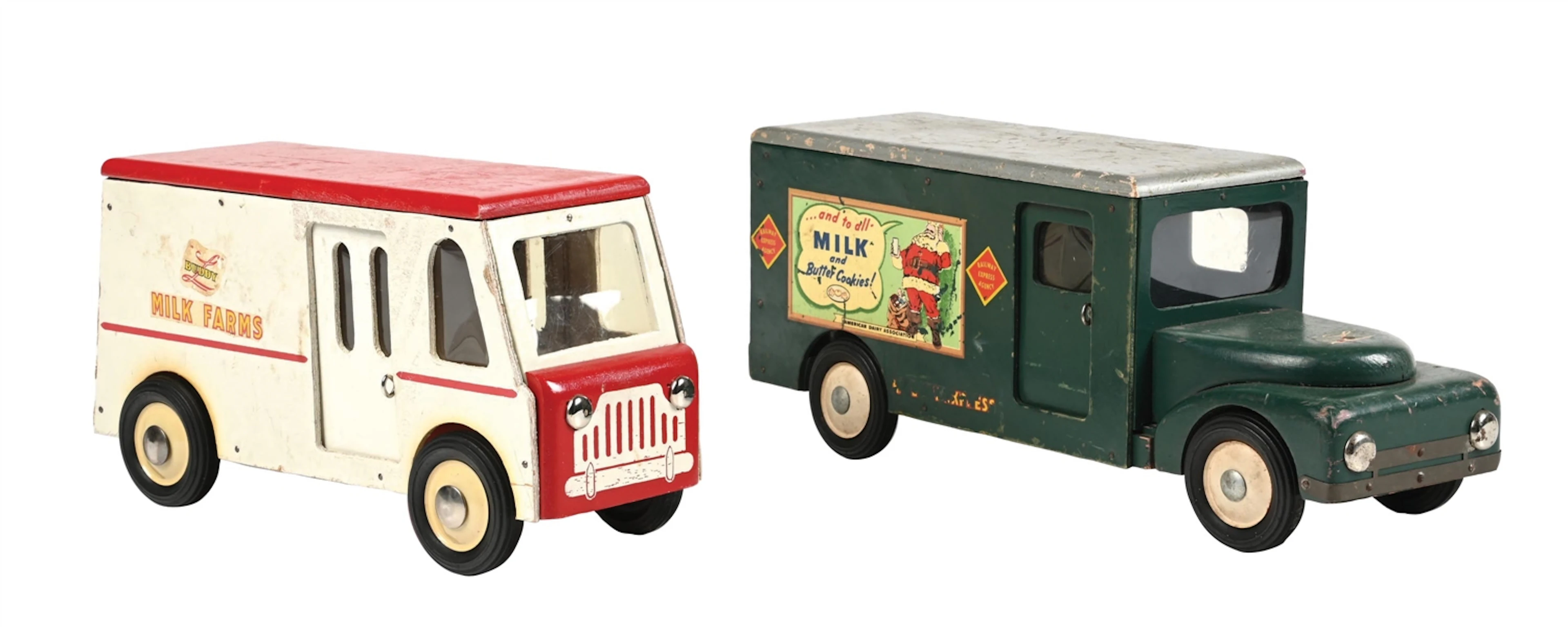 BUDDY L WOODEN MILK TRUCK AND RAILWAY EXPRESS TRUCK