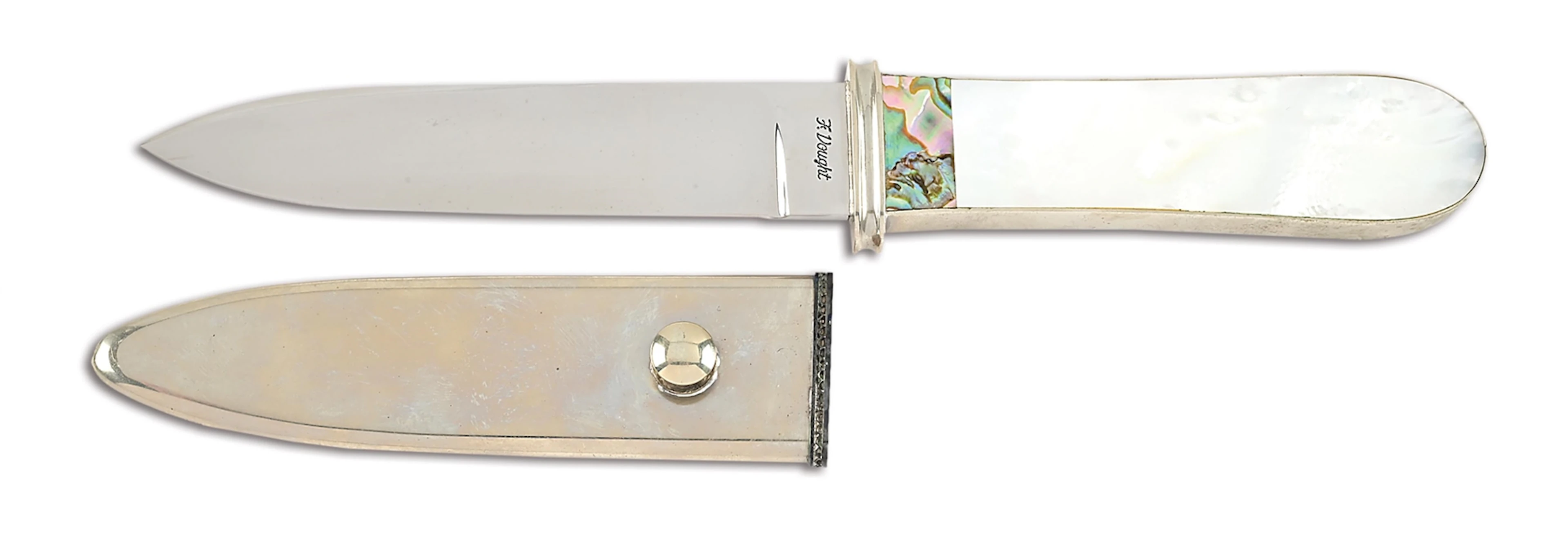 FRANK VOUGHT MOTHER OF PEARL AND ABALONE BELT KNIFE.