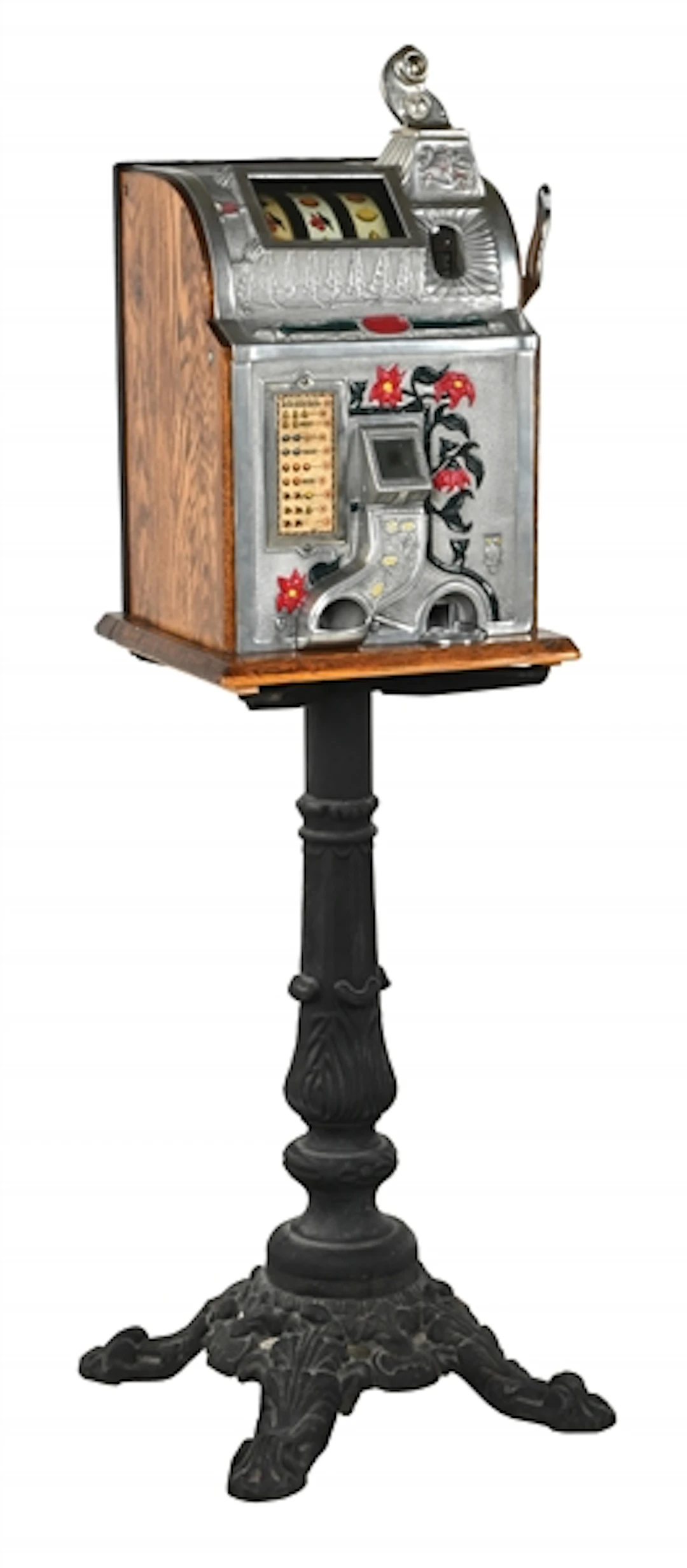 5¢ MILLS NOVELTY CO. POINSETTIA SLOT MACHINE W/ CAST IRON BASE