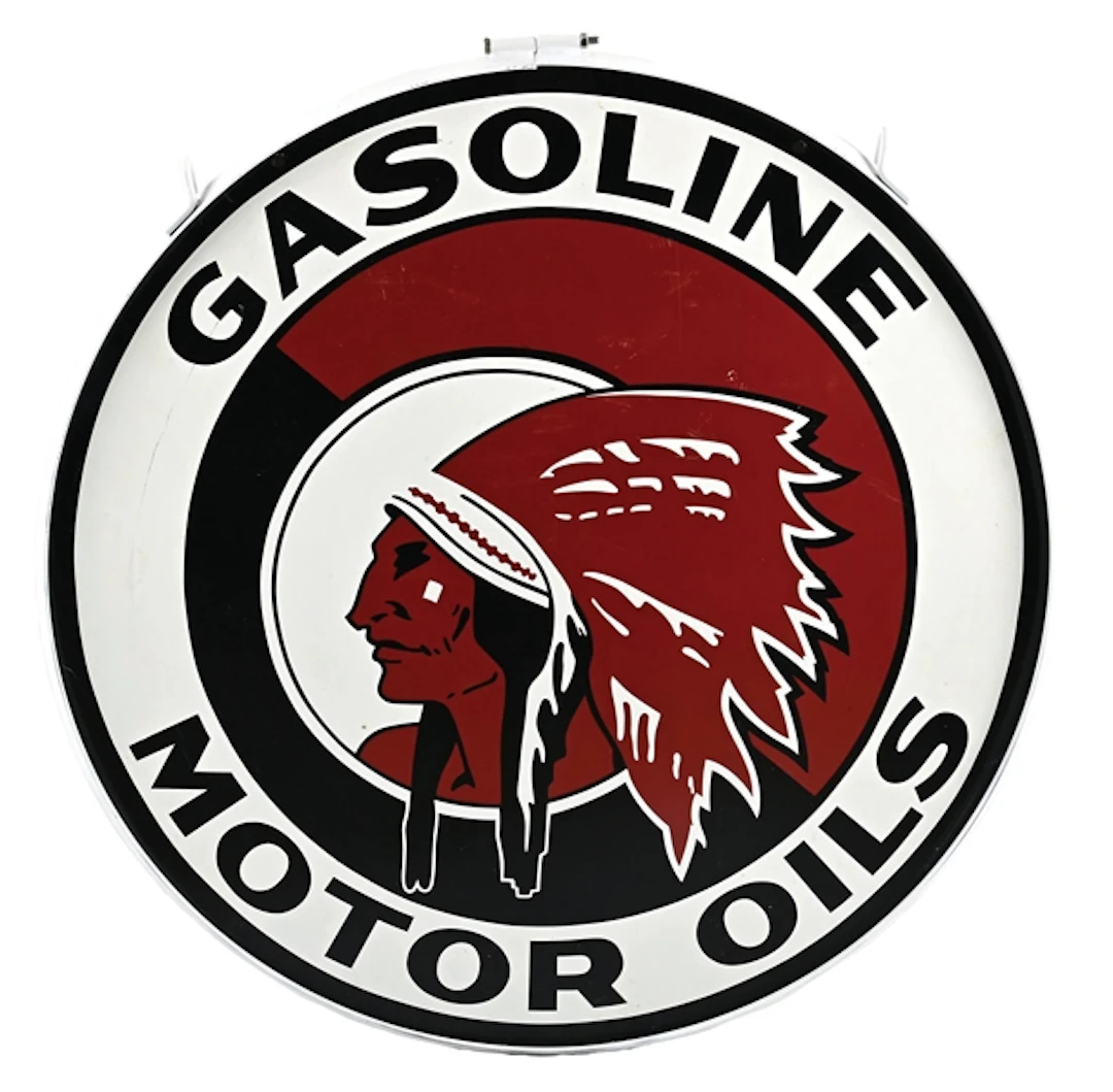 RED INDIAN GASOLINE & MOTOR OILS METAL SIGN W/ NATIVE AMERICAN GRAPHIC.