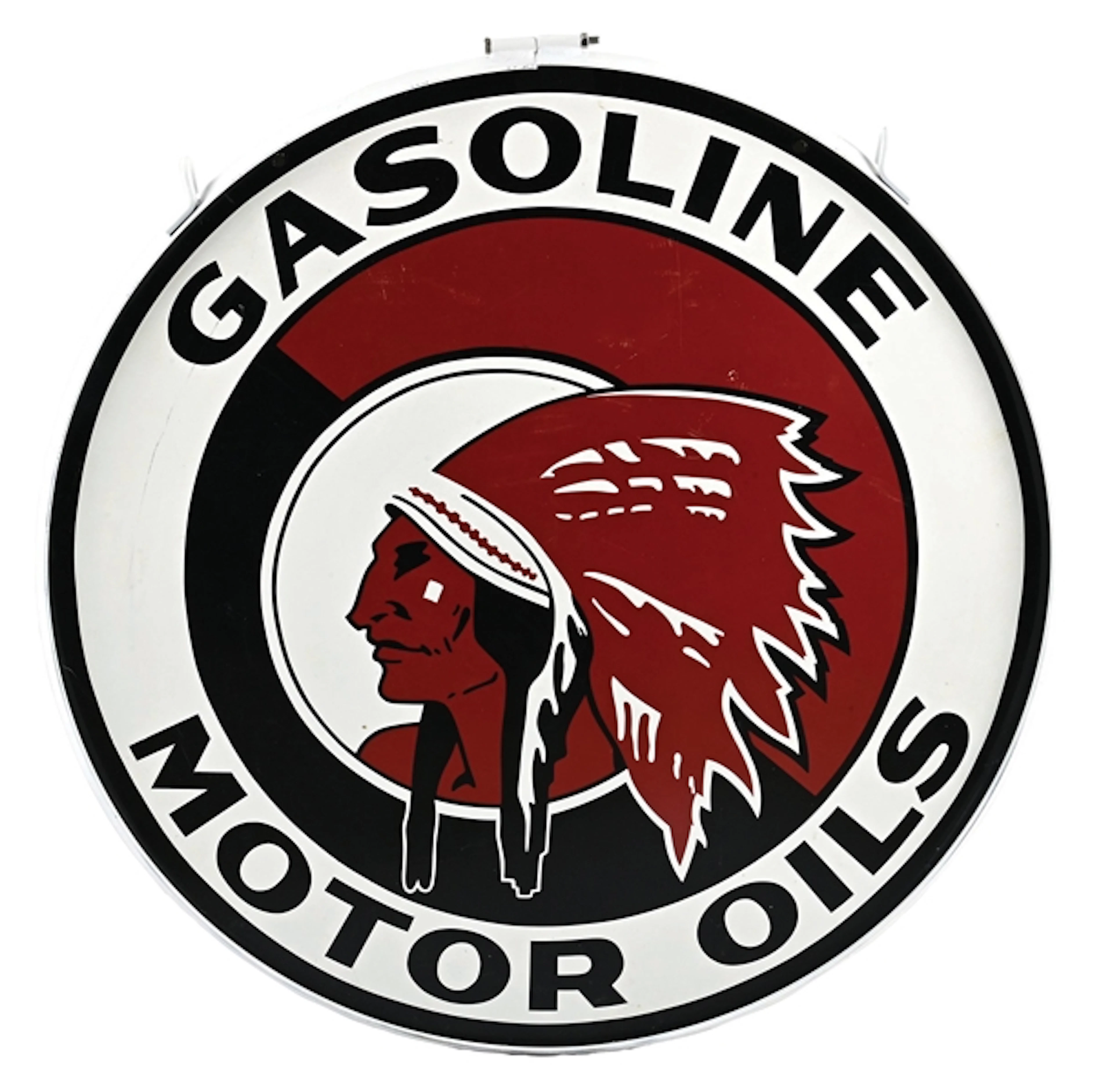 RED INDIAN GASOLINE & MOTOR OILS METAL SIGN W/ NATIVE AMERICAN GRAPHIC.