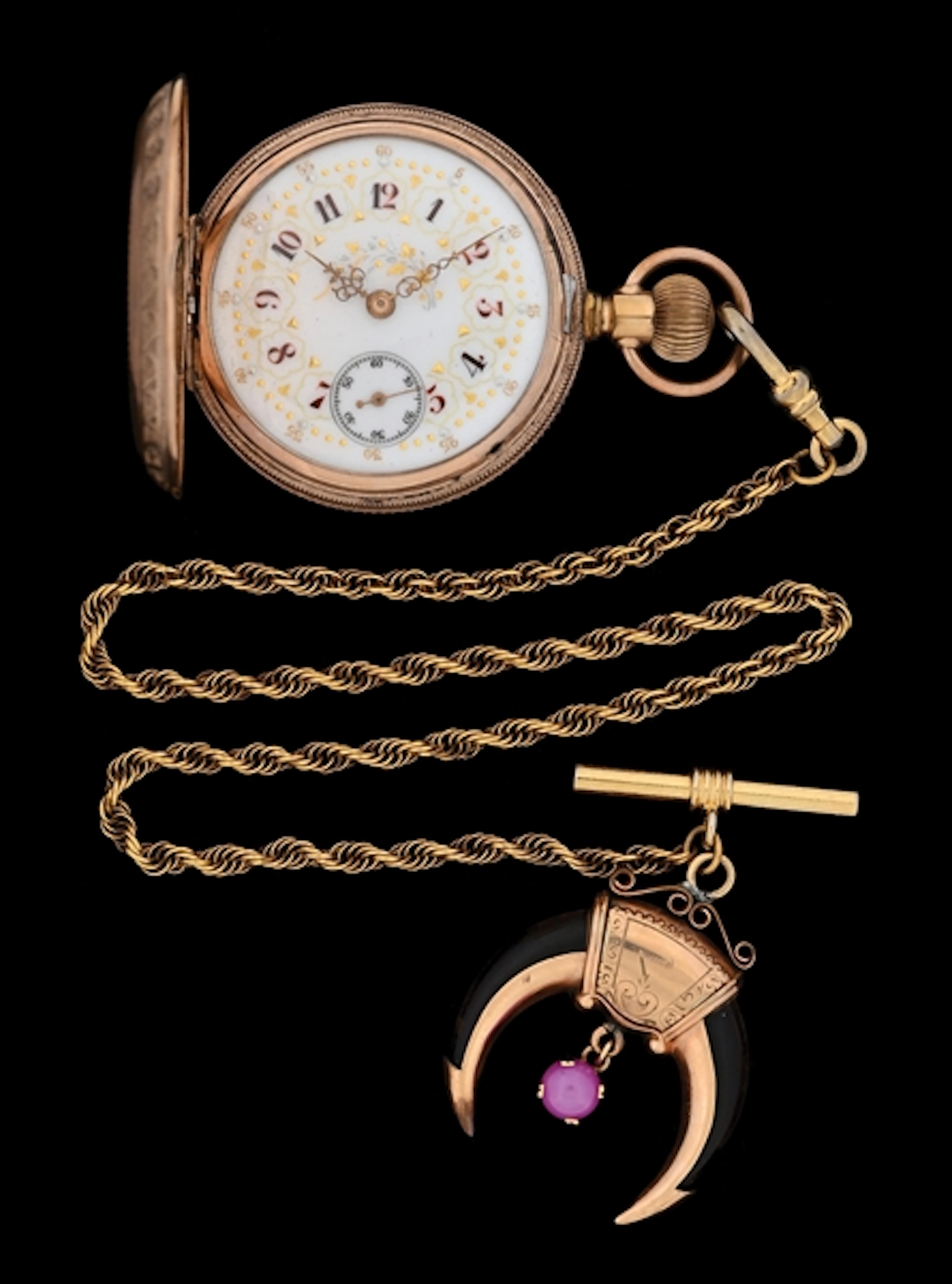R. LANNIER SWISS H/C POCKET WATCH W/GOLD CLAW & STAR RUBY FOB