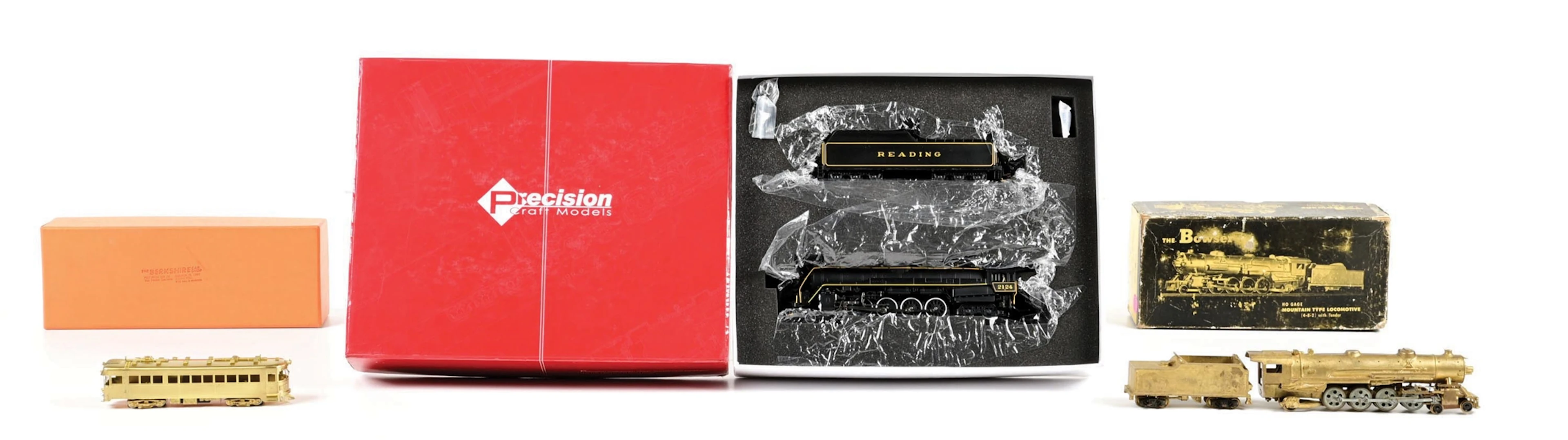 LOT OF 3: HO-GA. PRECISION CRAFT MODELS LOCOMOTIVE, CARWORKS TROLLEY