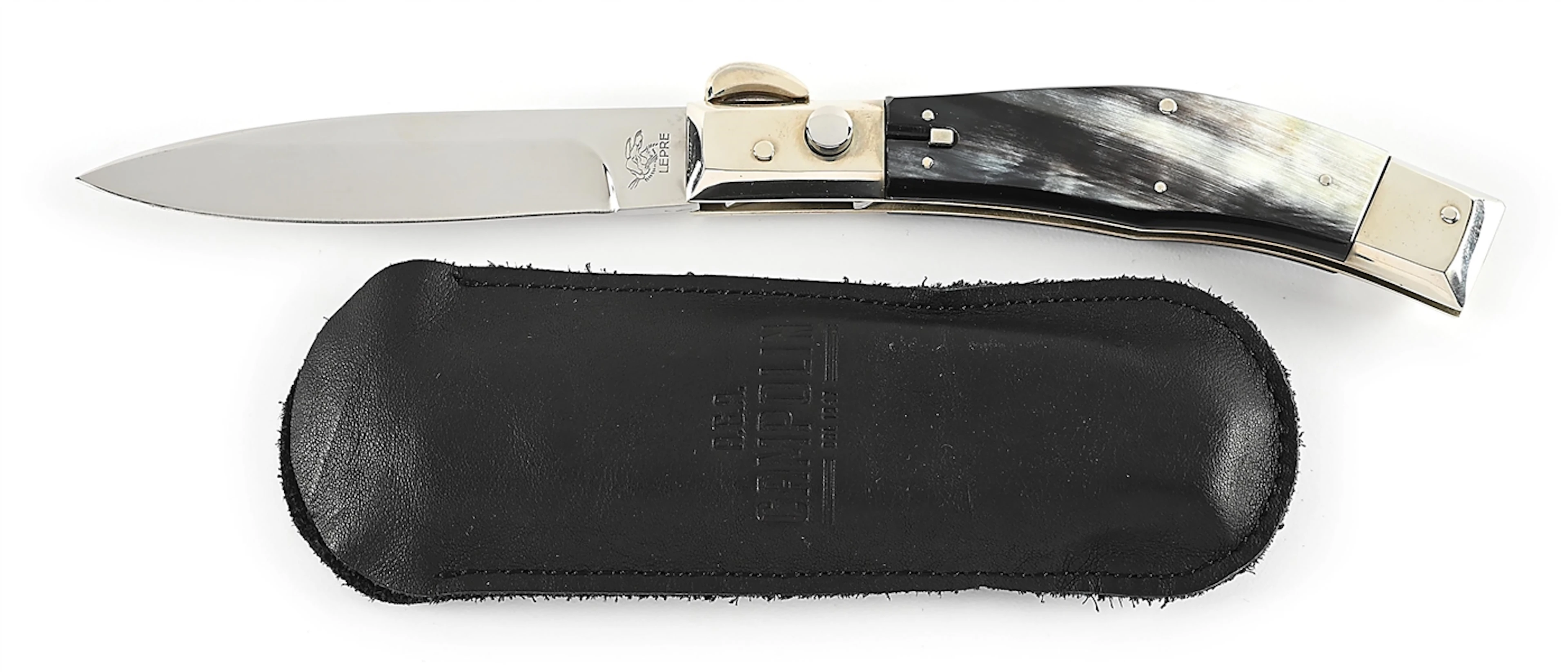 LEPRE ITALY PUSH BUTTON PICK LOCK SWITCHBLADE WITH BRAZILIAN COW HORN HANDLES.