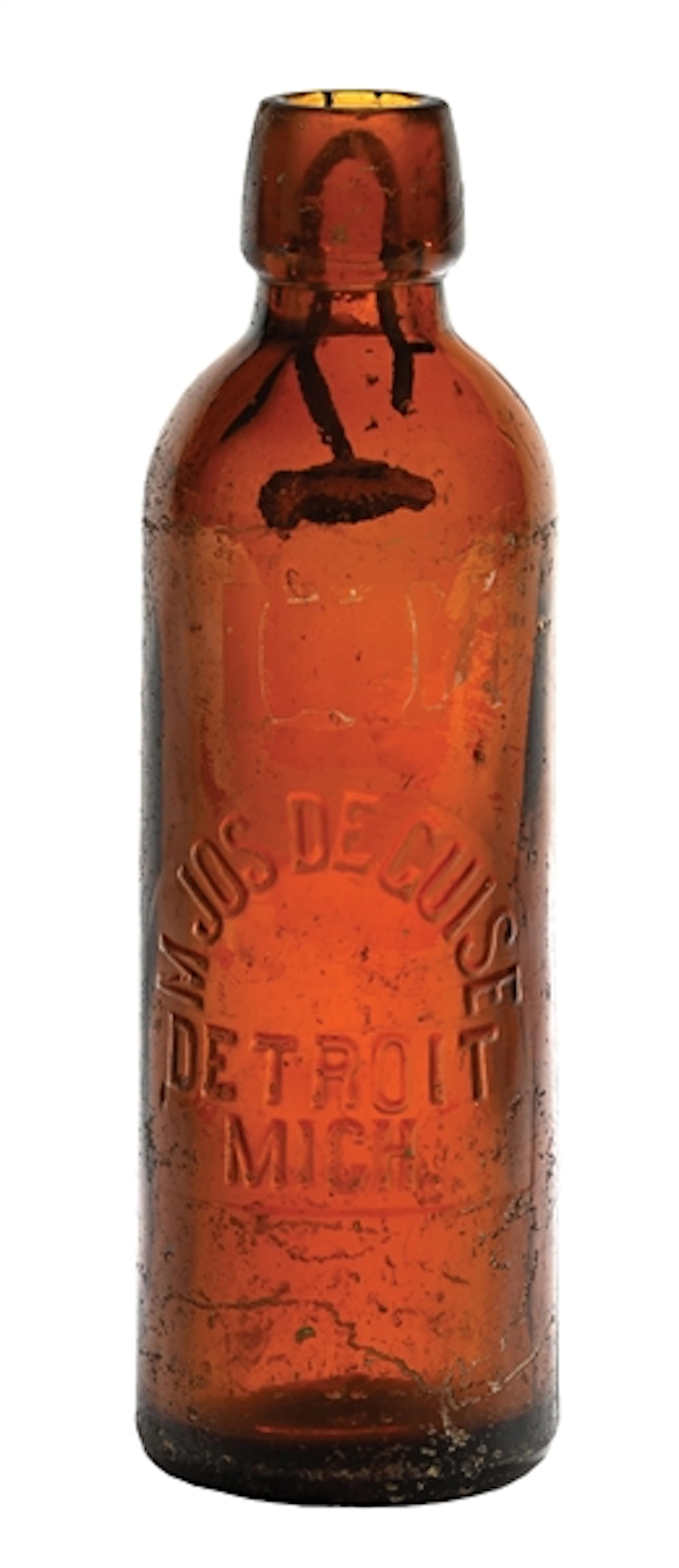 DETROIT, MICH AMBER BLOB TOP HUTCHINSON BOTTLE