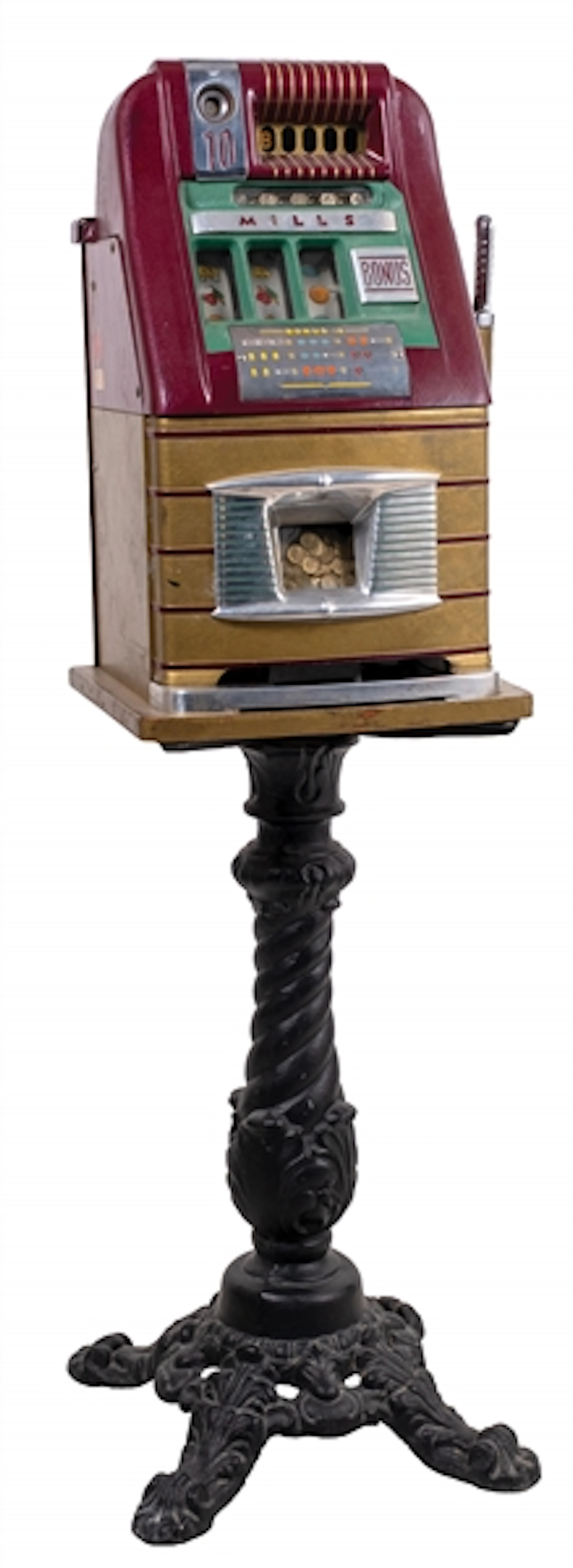10¢ MILLS "BONUS HIGH-TOP" SLOT MACHINE AND STAND