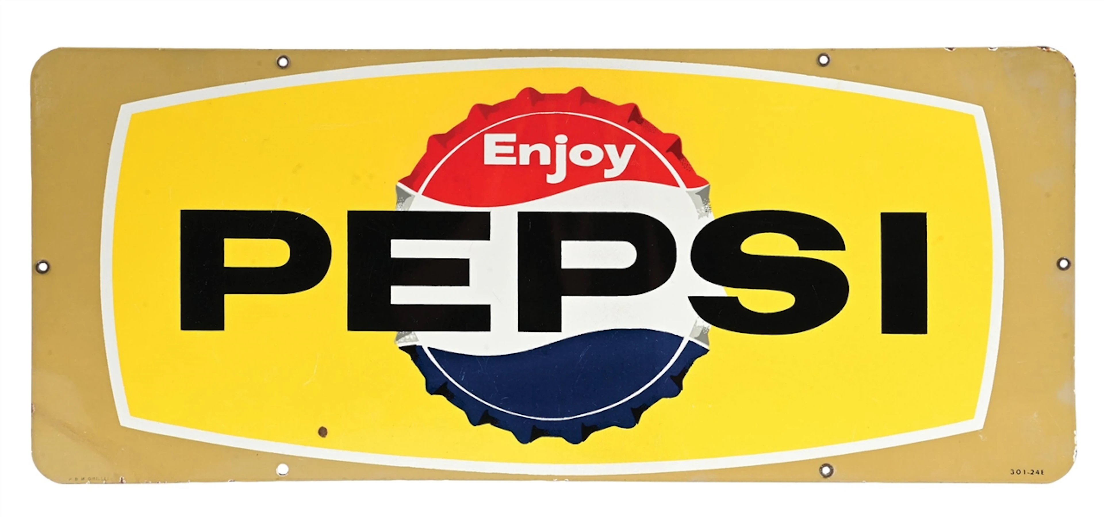 ENJOY PEPSI PORCELAIN SIGN WITH BOTTLE CAP GRAPHIC