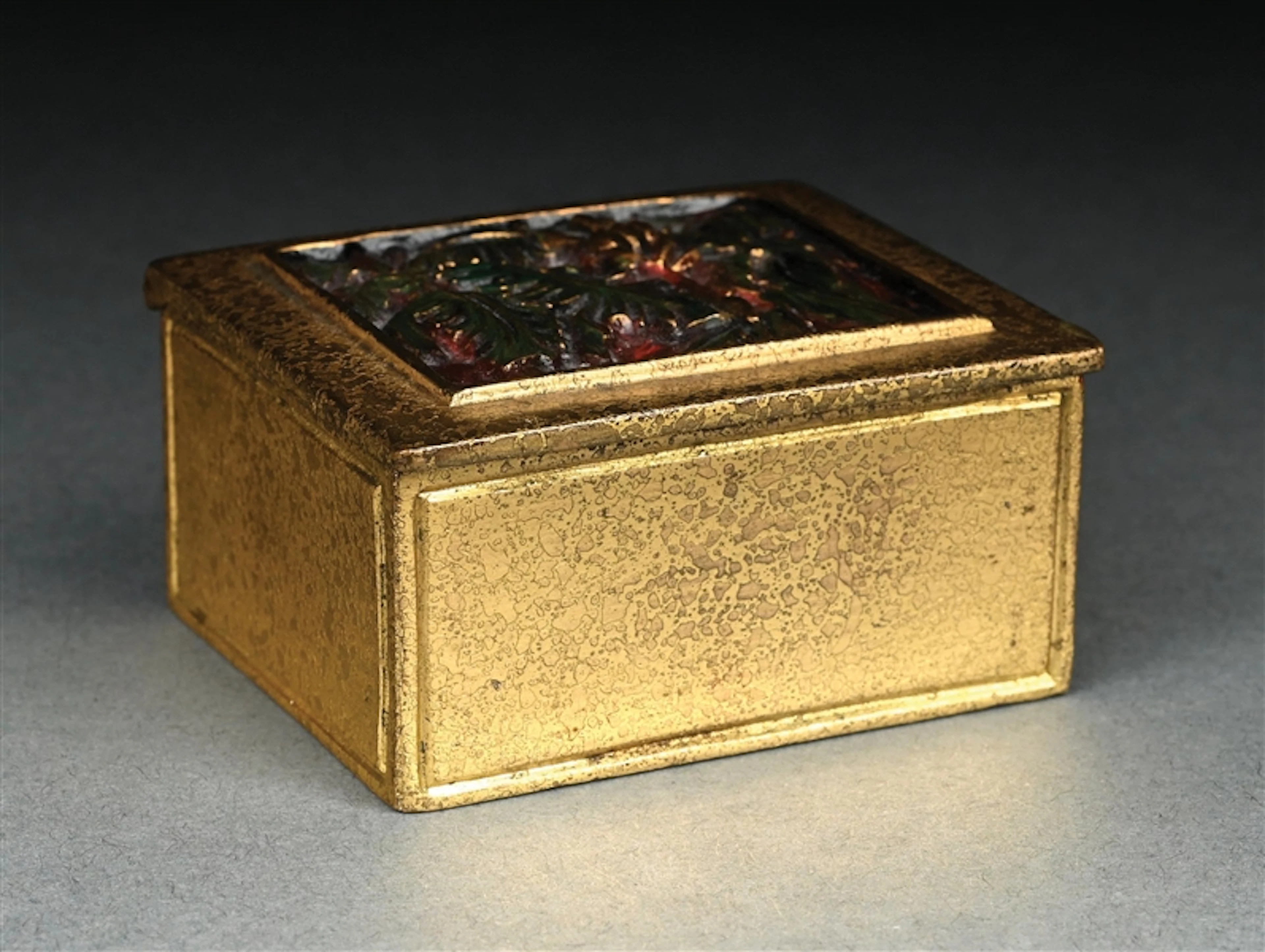TIFFANY STUDIOS BRONZE STAMP BOX W/ BOOKMARK PATTERN
