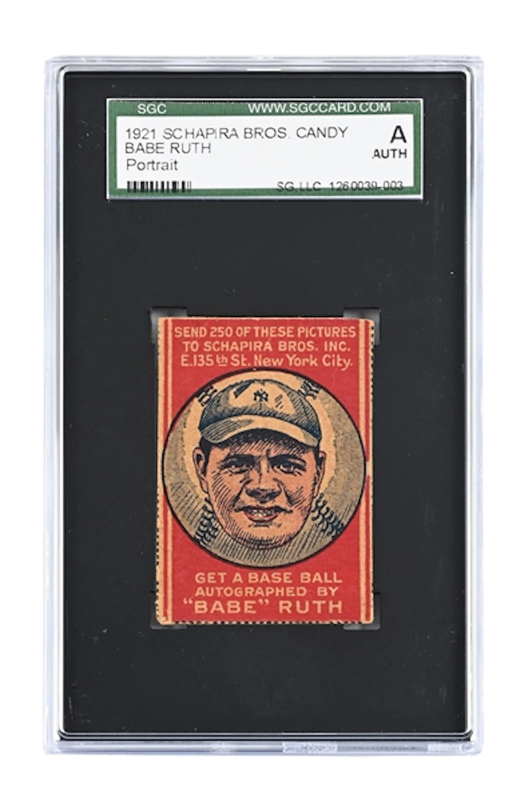 1921 SCHAPIRA BROS. CANDY BABE RUTH PORTRAIT SGC AUTHENTIC