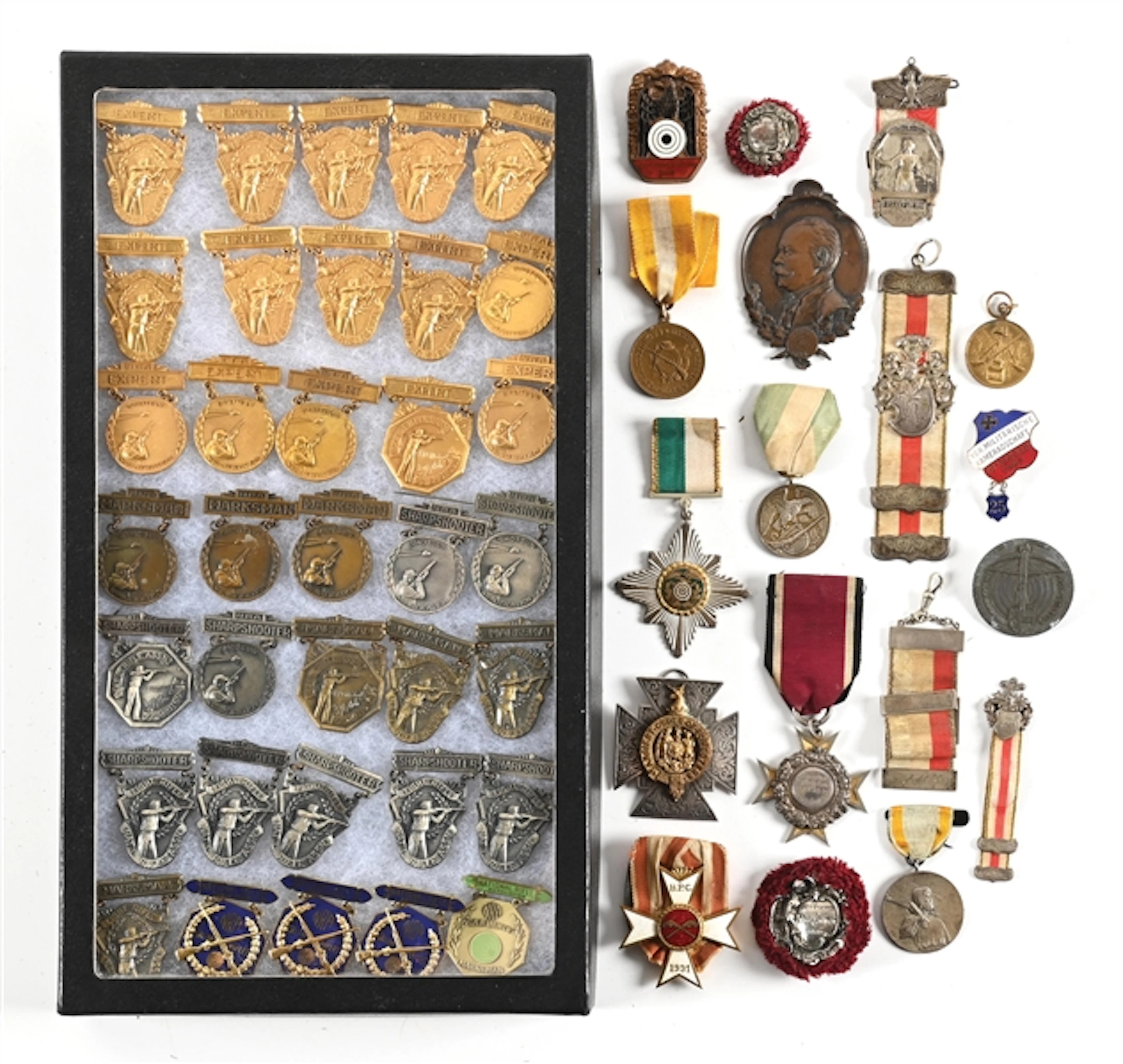 LARGE LOT OF (47) SHOOTING AND MARKSMAN MEDALS AND RIBBONS.