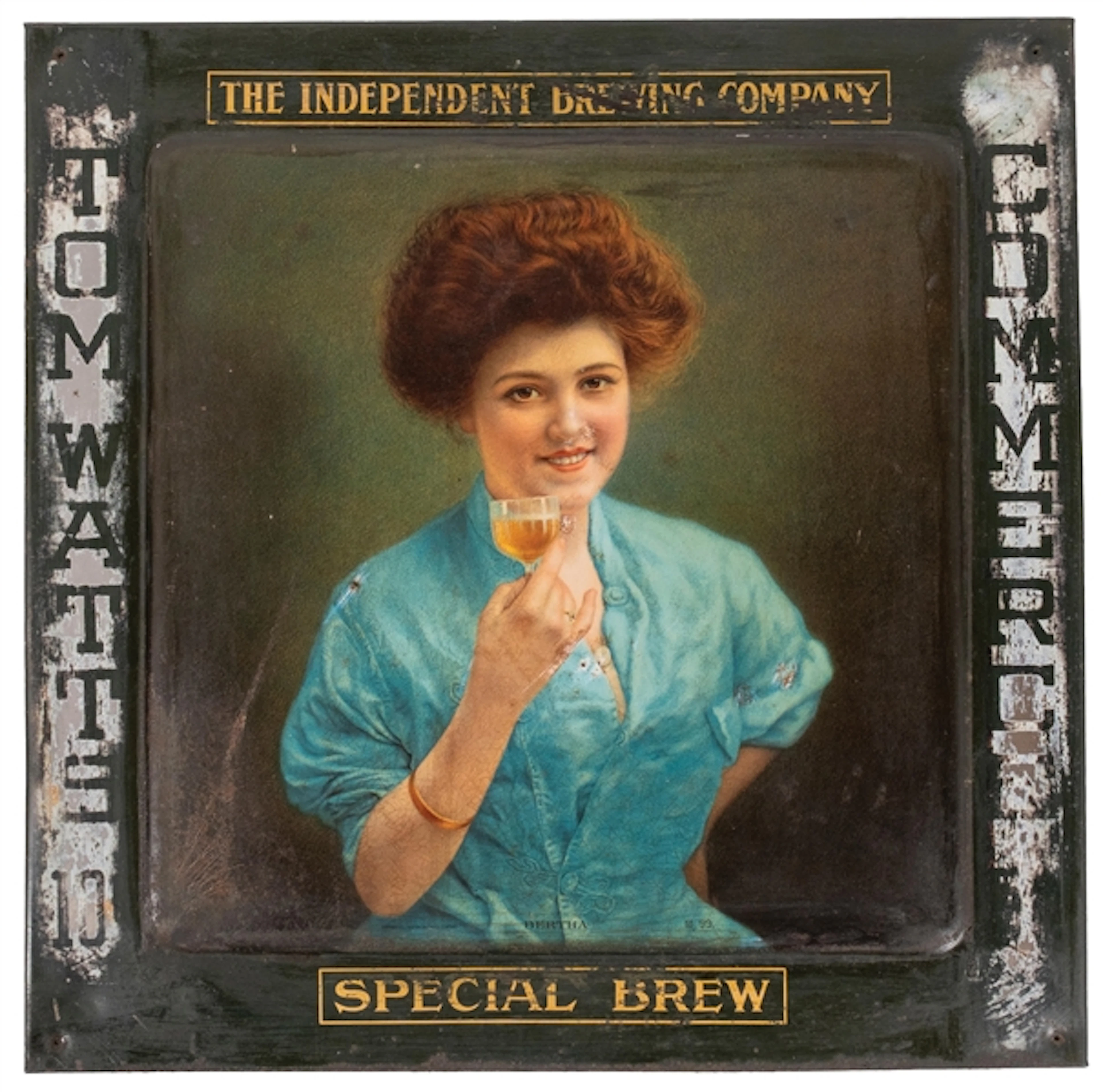 TIN OVER CARDBOARD EMBOSSED ADVERTISING SIGN FOR THE INDEPENDENT BREWING CO.