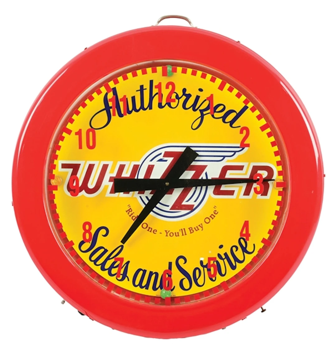 WHIZZER AUTHORIZED SALES AND SERVICE TIRE CLOCK WITH NEON