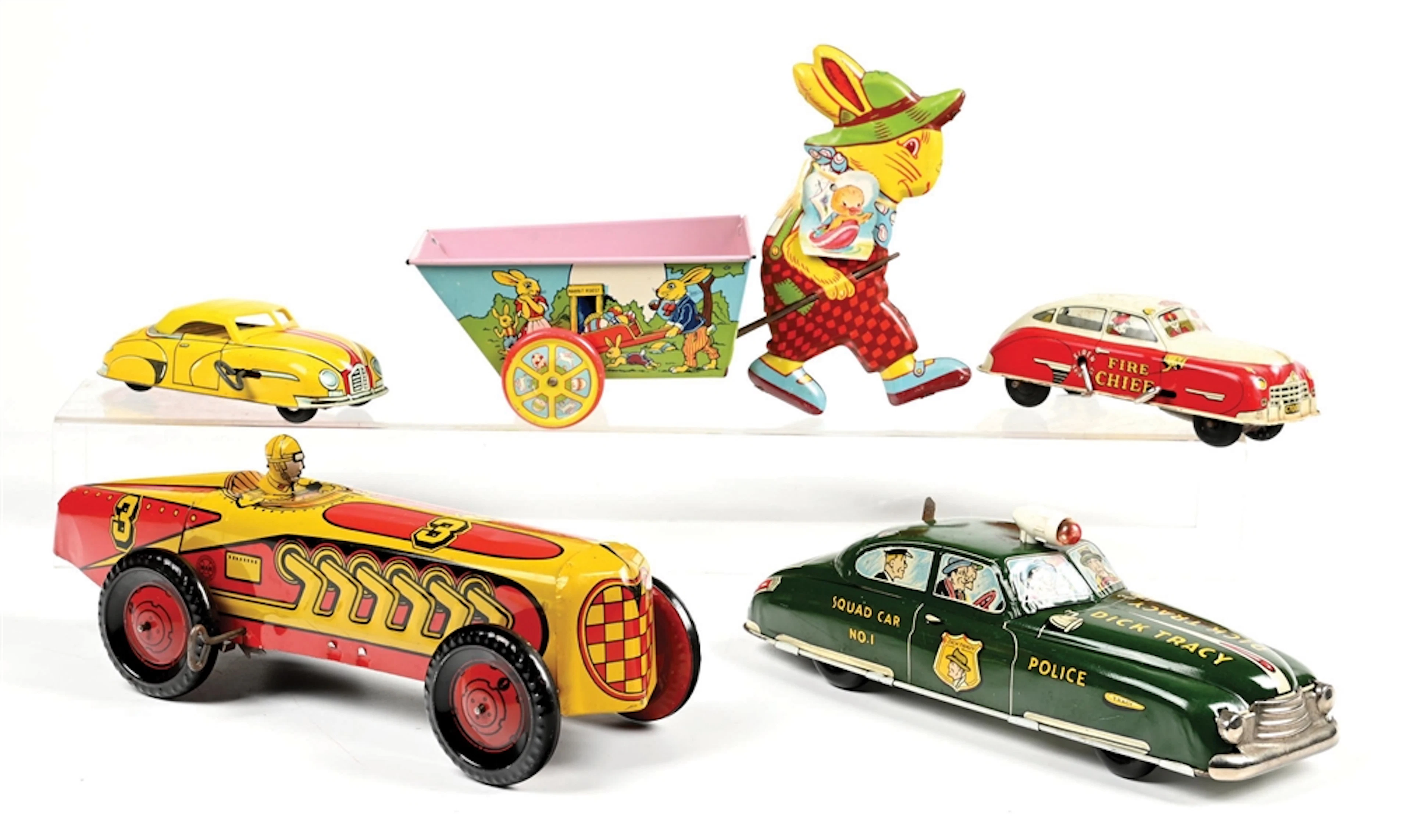 LOT OF 5: ASSORTED TIN LITHO WIND UP TOY CARS AND RABBIT CART