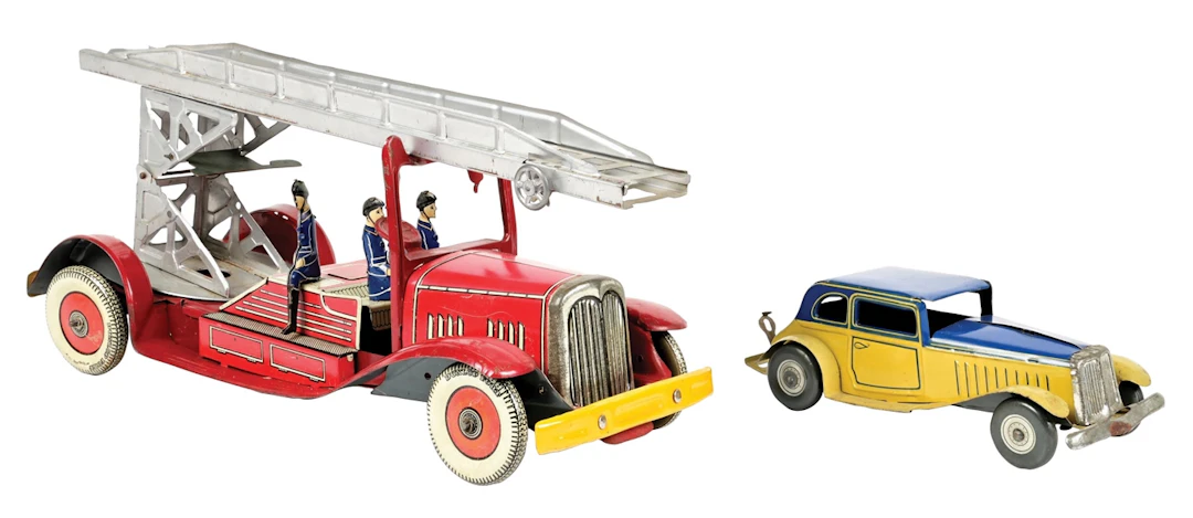 LOT OF 2: EUROPEAN TIN FIRE DEPARTMENT AND CAR WIND-UP TOYS