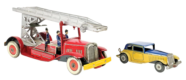 LOT OF 2: EUROPEAN TIN FIRE DEPARTMENT AND CAR WIND-UP TOYS