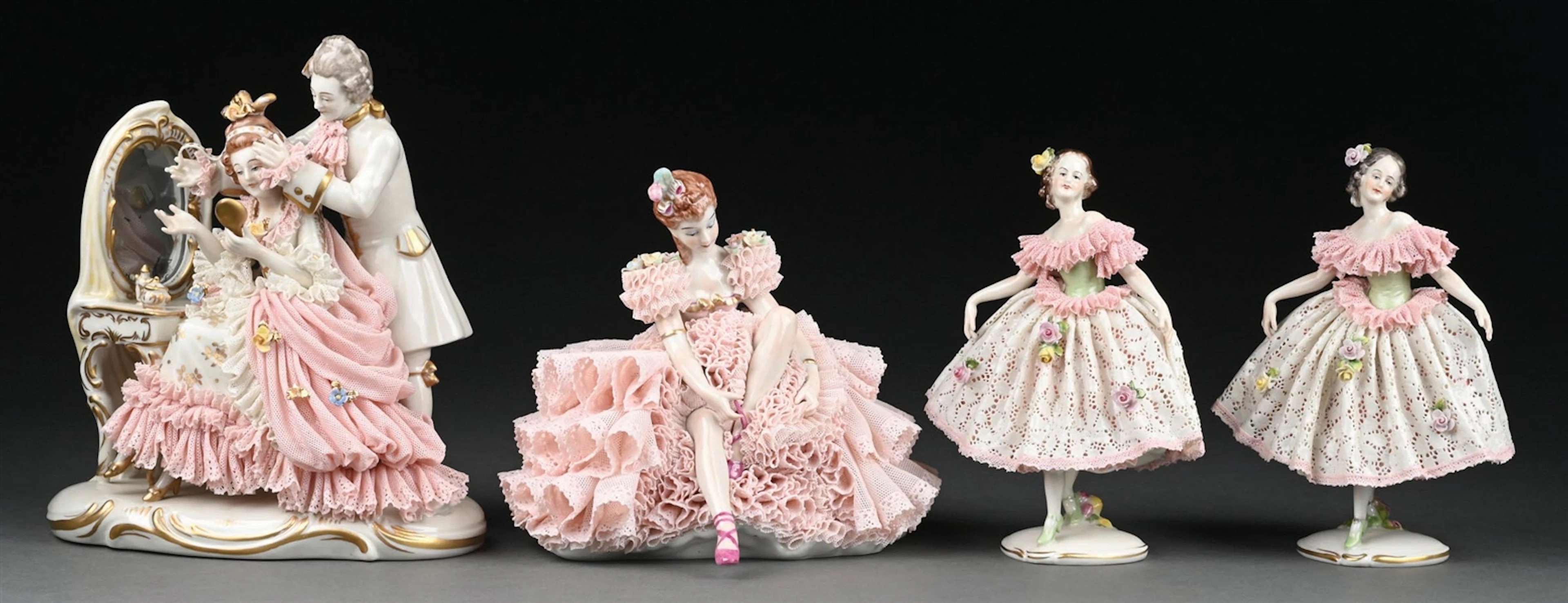 LOT OF 4: MULLER VOLKSTEDT AND SITZENDORF DRESDEN PINK LACE PORCELAIN
