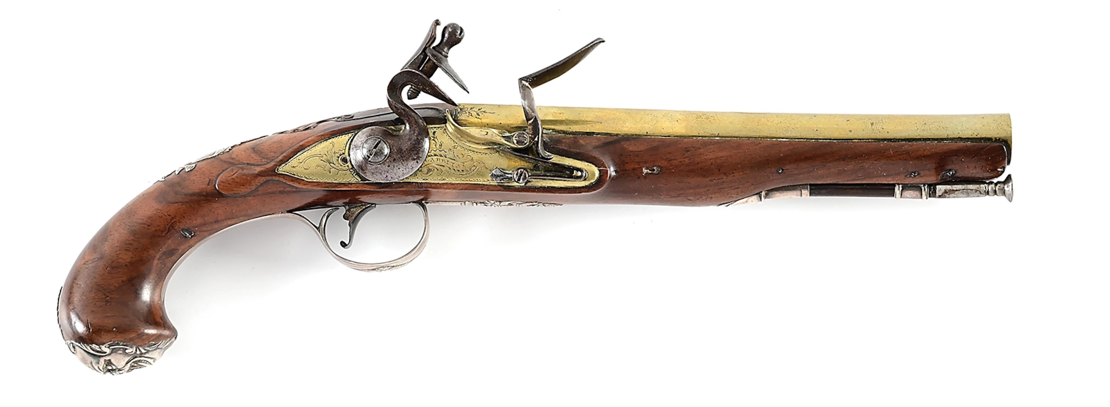 (A) FINE BRITISH SILVER MOUNTED FLINTLOCK OFFICER'S PISTOL OF JOHN