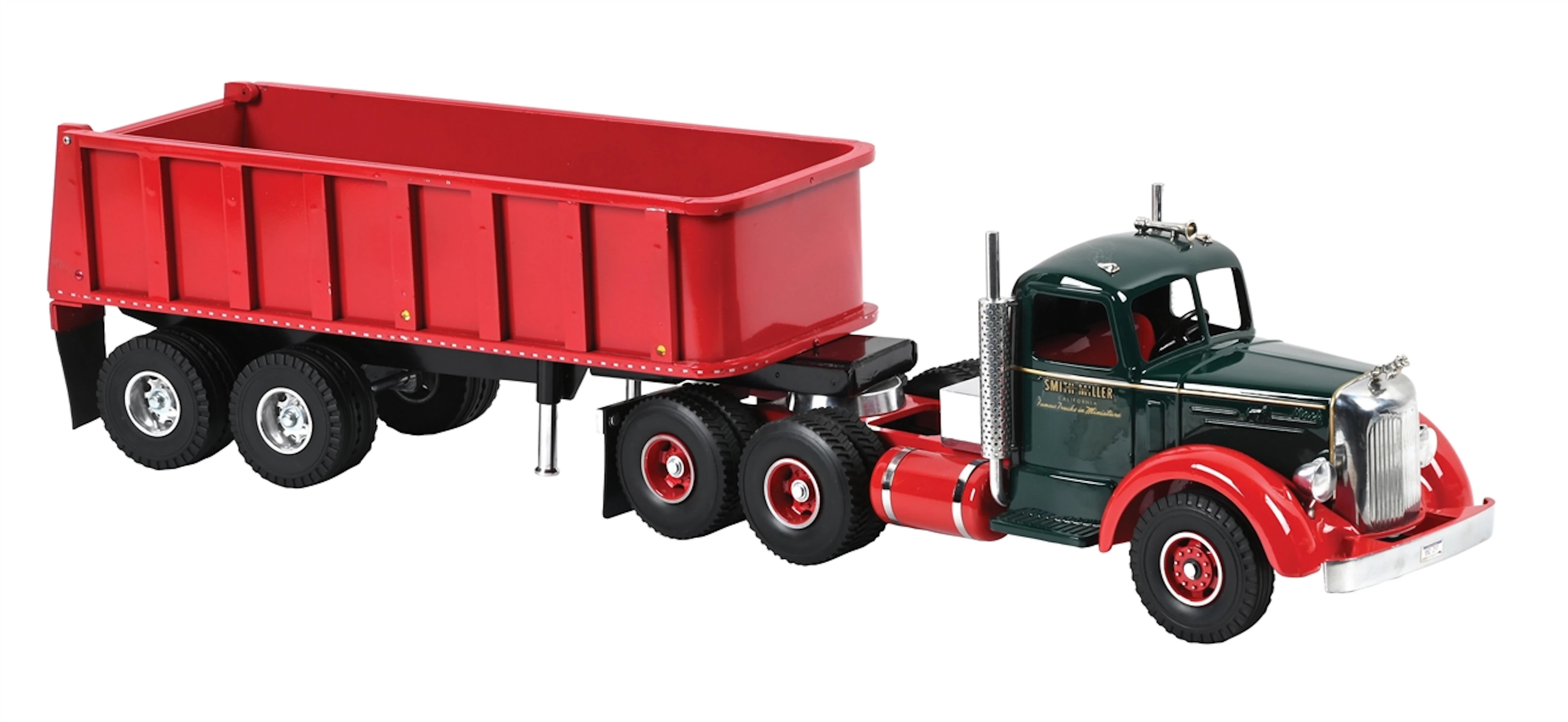 SMITH-MILLER PRESSED STEEL RED/GREEN SEMI TRUCK W/ FRUEHAUF DUMP TRAILER