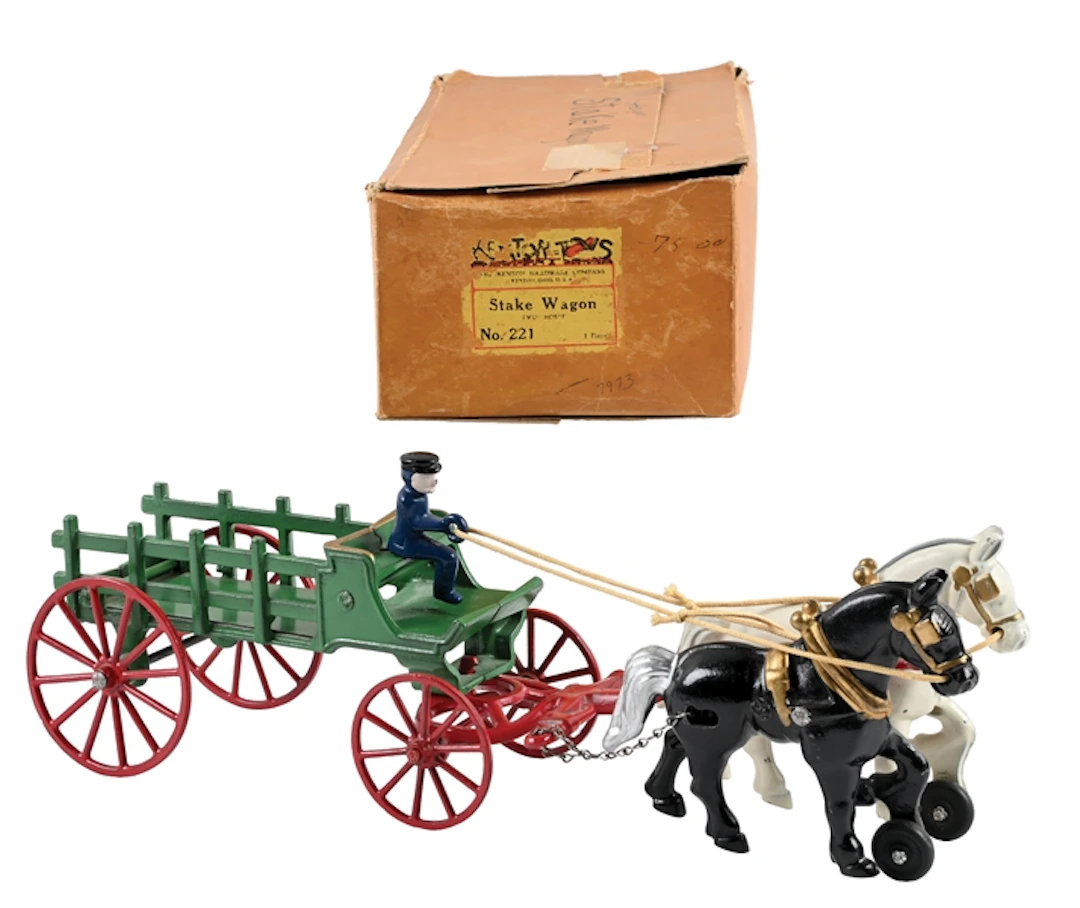 KENTON HARDWARE CO. CAST IRON HORSE-DRAWN STAKE WAGON NO. 221 W/ ORIG. BOX